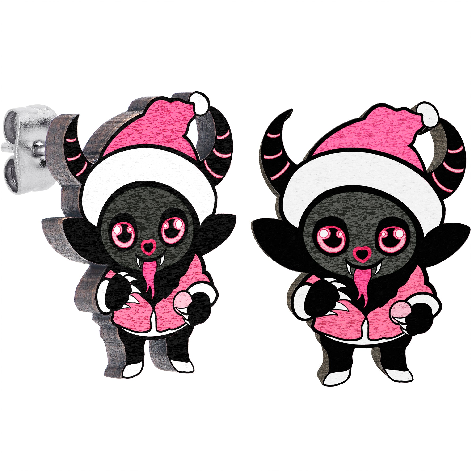 Handmade Wooden Krampus Cutie Holiday Christmas Hypoallergenic Stainless Steel Stud Earrings