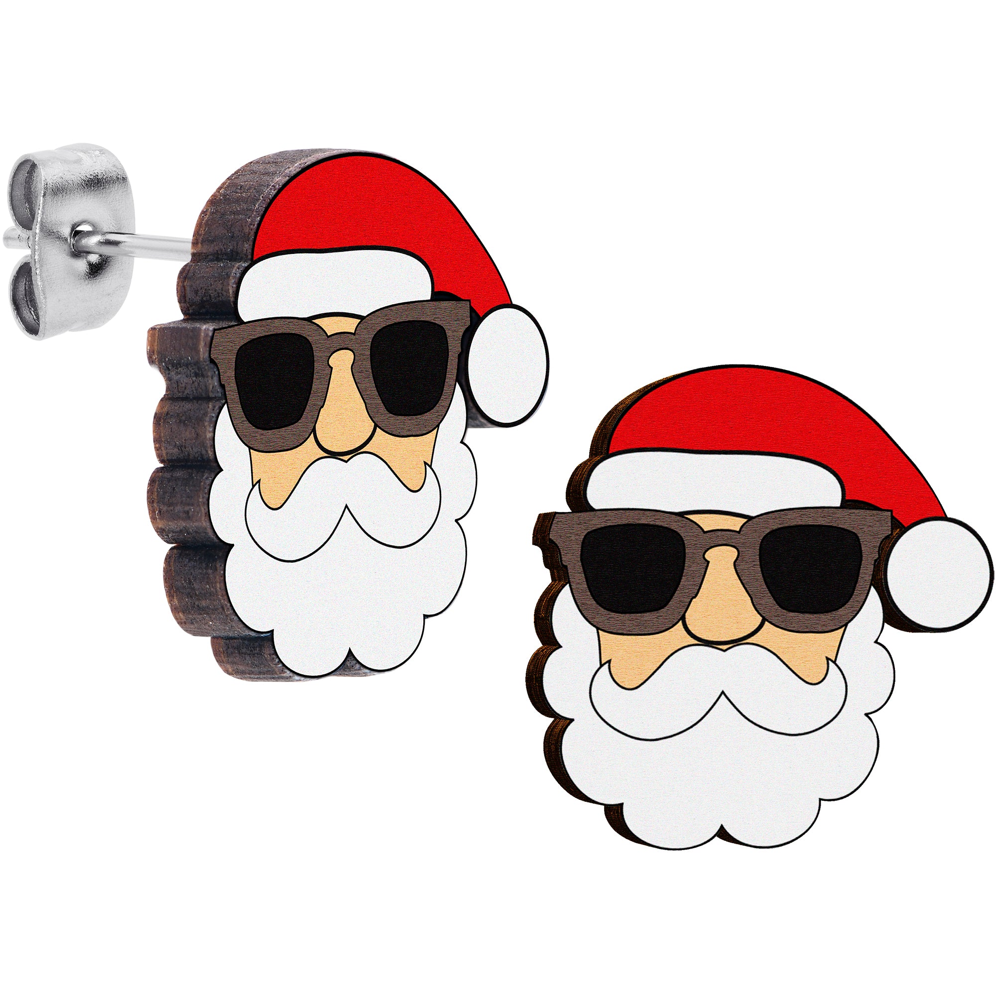 Handmade Wooden Santa Claus Holiday Christmas Hypoallergenic Stainless Steel Stud Earrings