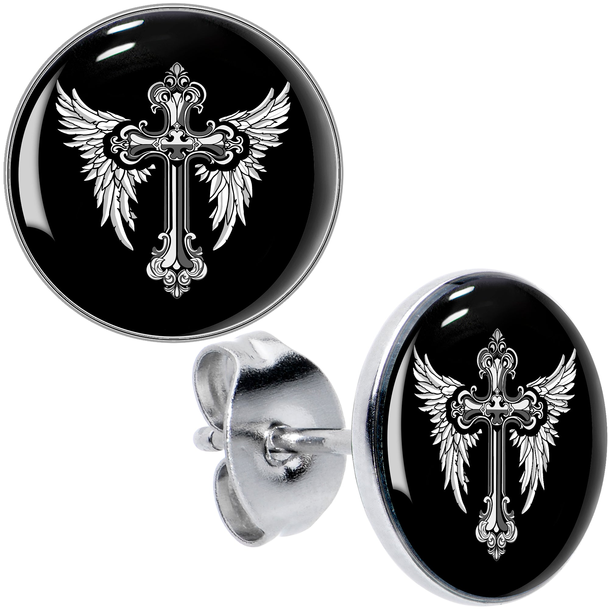 Black White Winged Cross Hypoallergenic Stainless Steel Stud Earrings