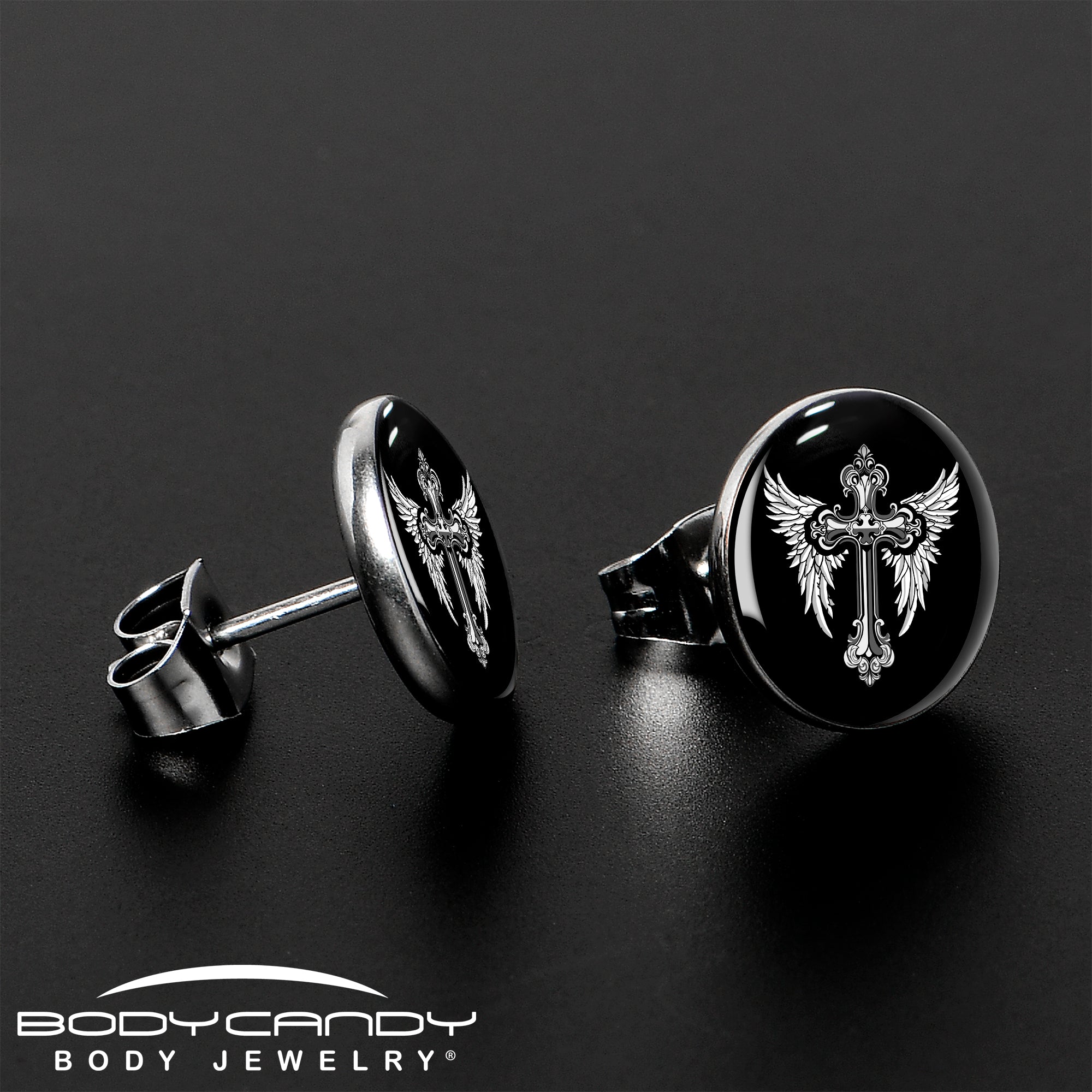 Black White Winged Cross Stainless Steel Stud Earrings stylish jewelry