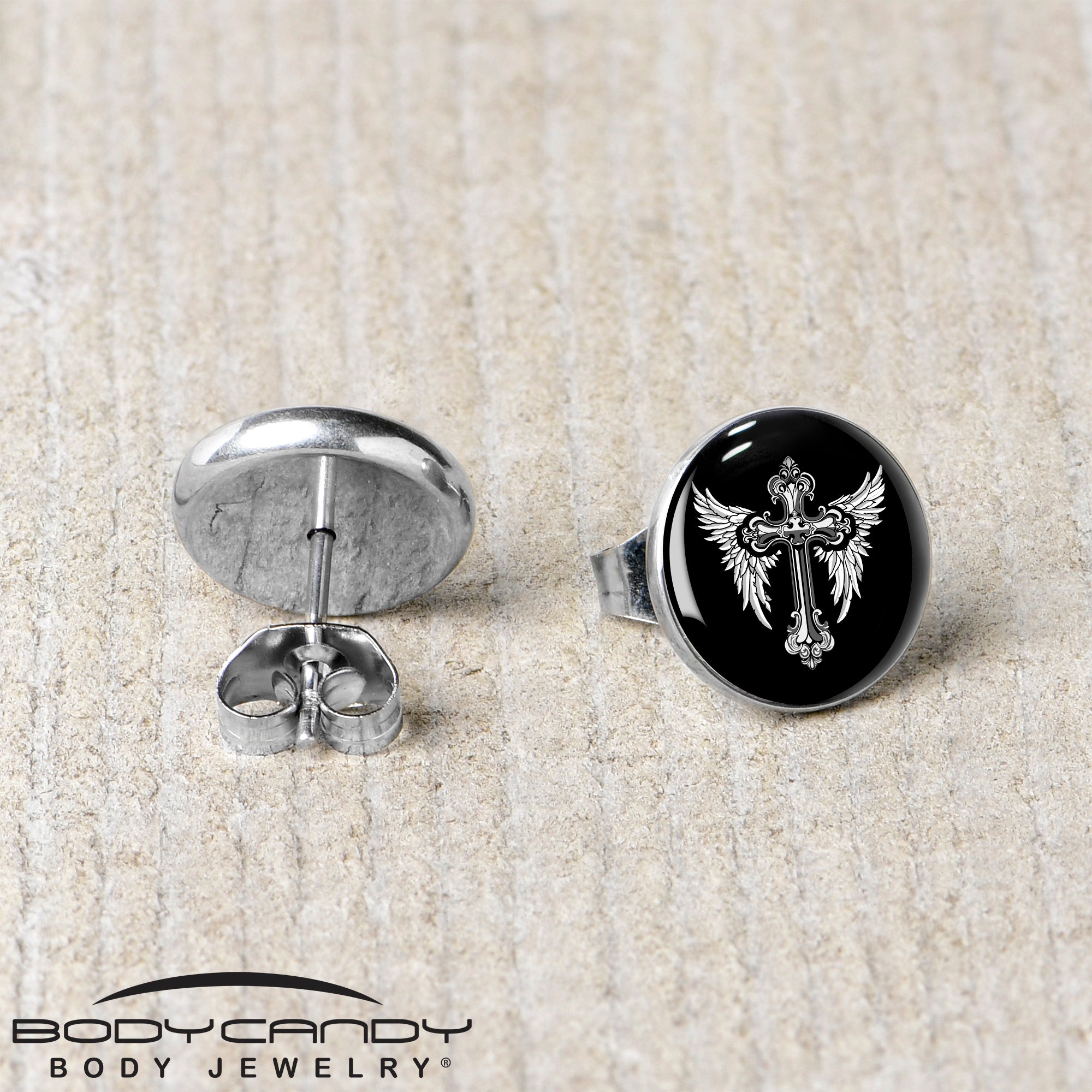 Black White Winged Cross Stainless Steel Stud Earrings stainless steel hypoallergenic