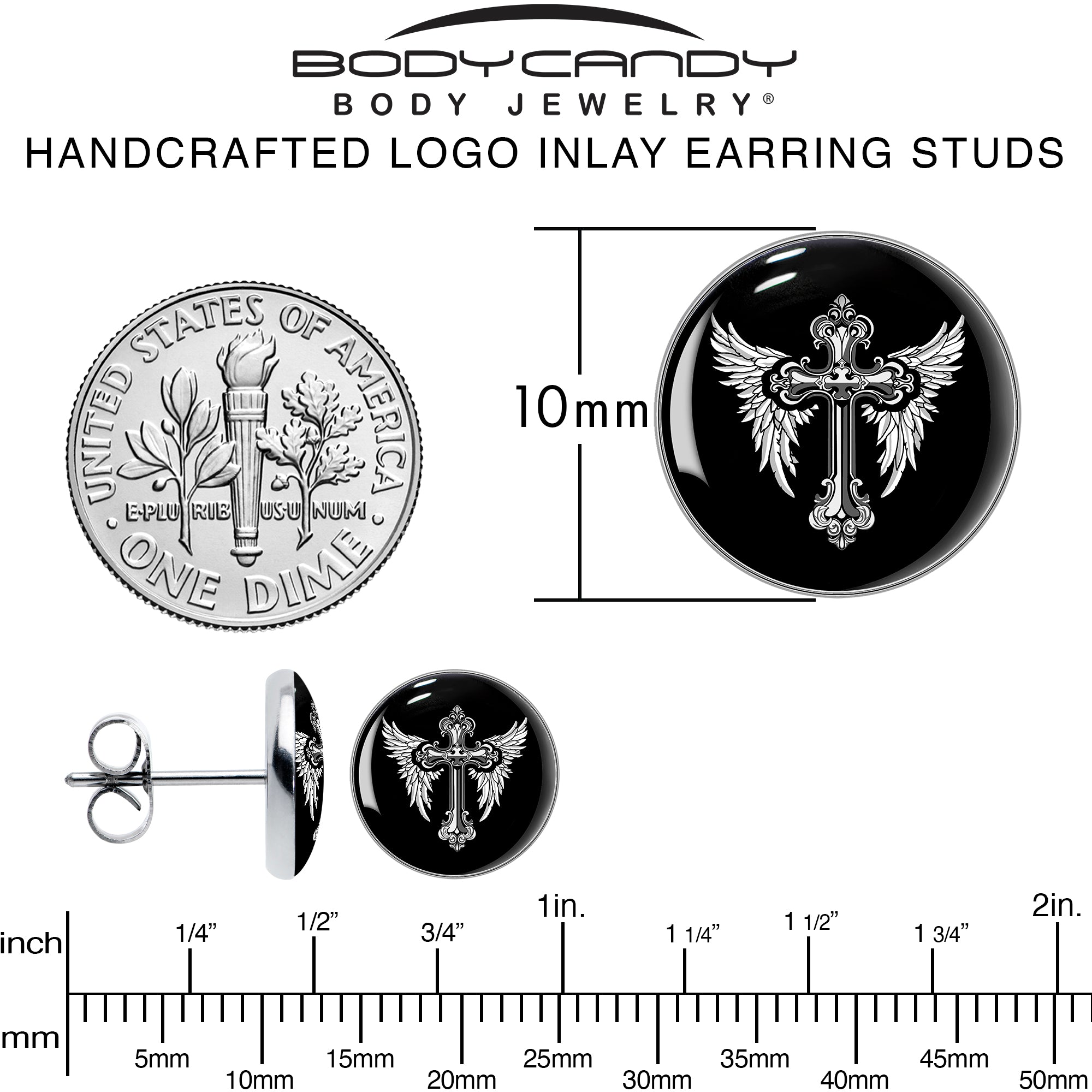 Black White Winged Cross Stainless Steel Stud Earrings perfect for sensitive ears