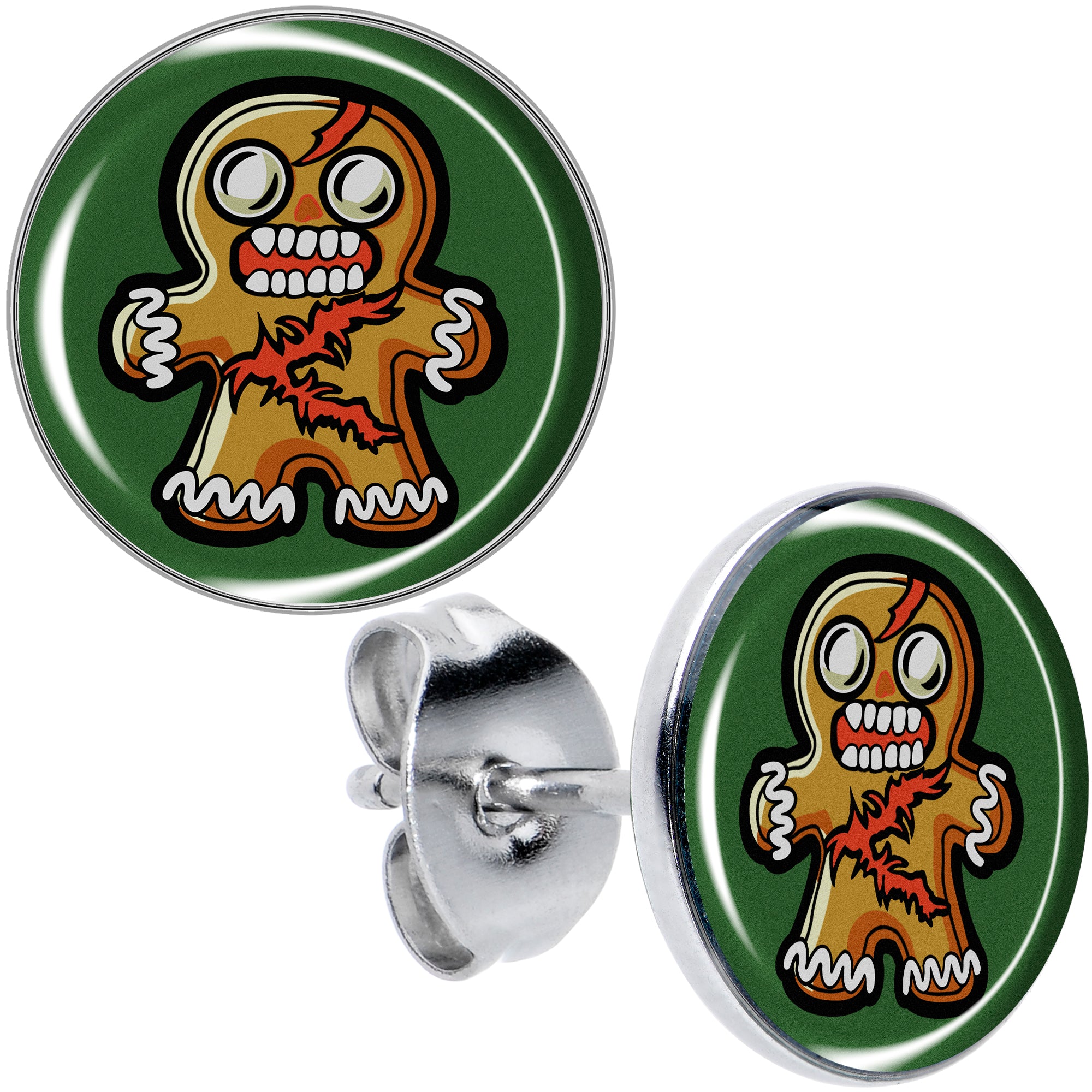 Christmas Holiday Zombie Gingerbread Man Stud Earrings