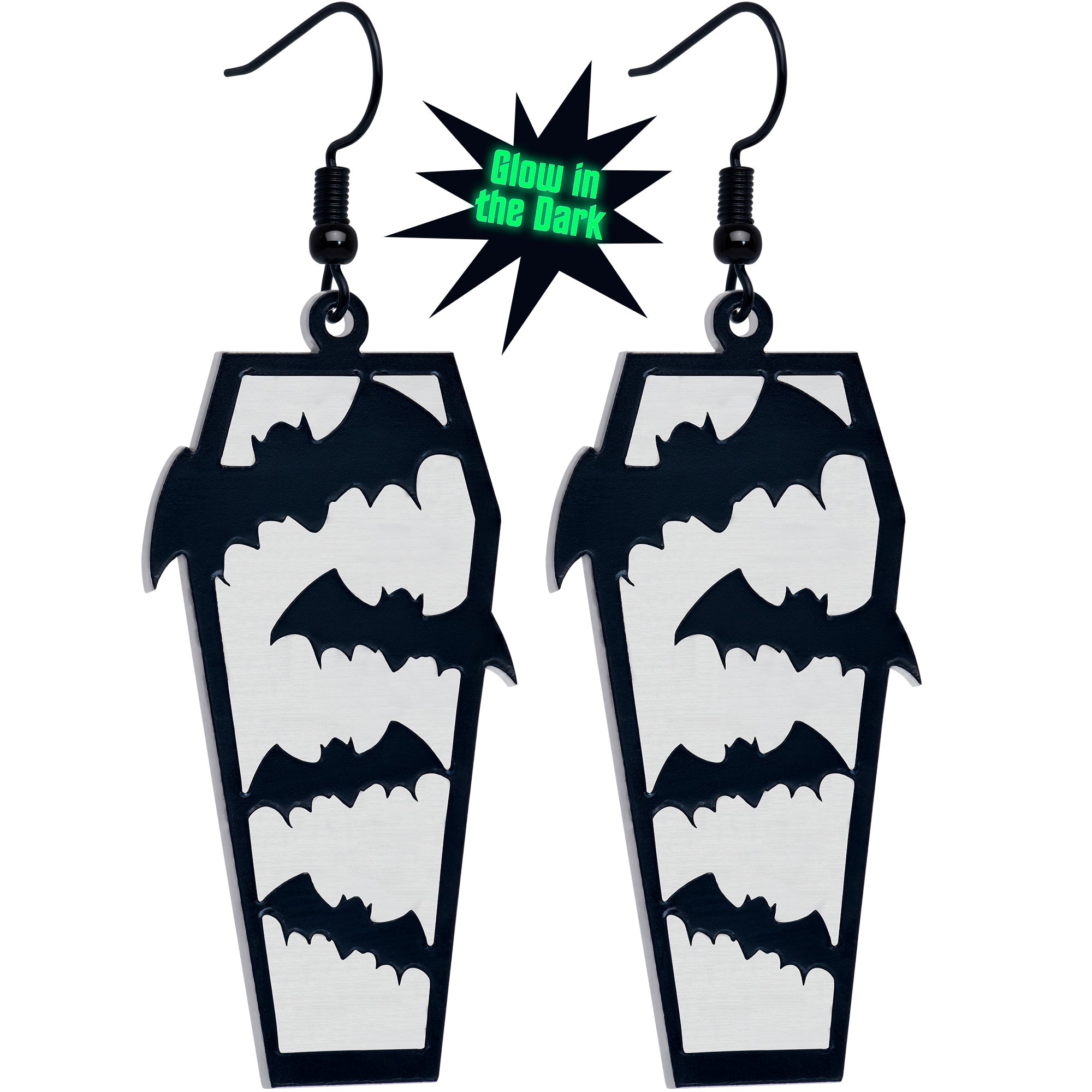 Glow in the Dark Black Bat Coffin Dangle Earrings