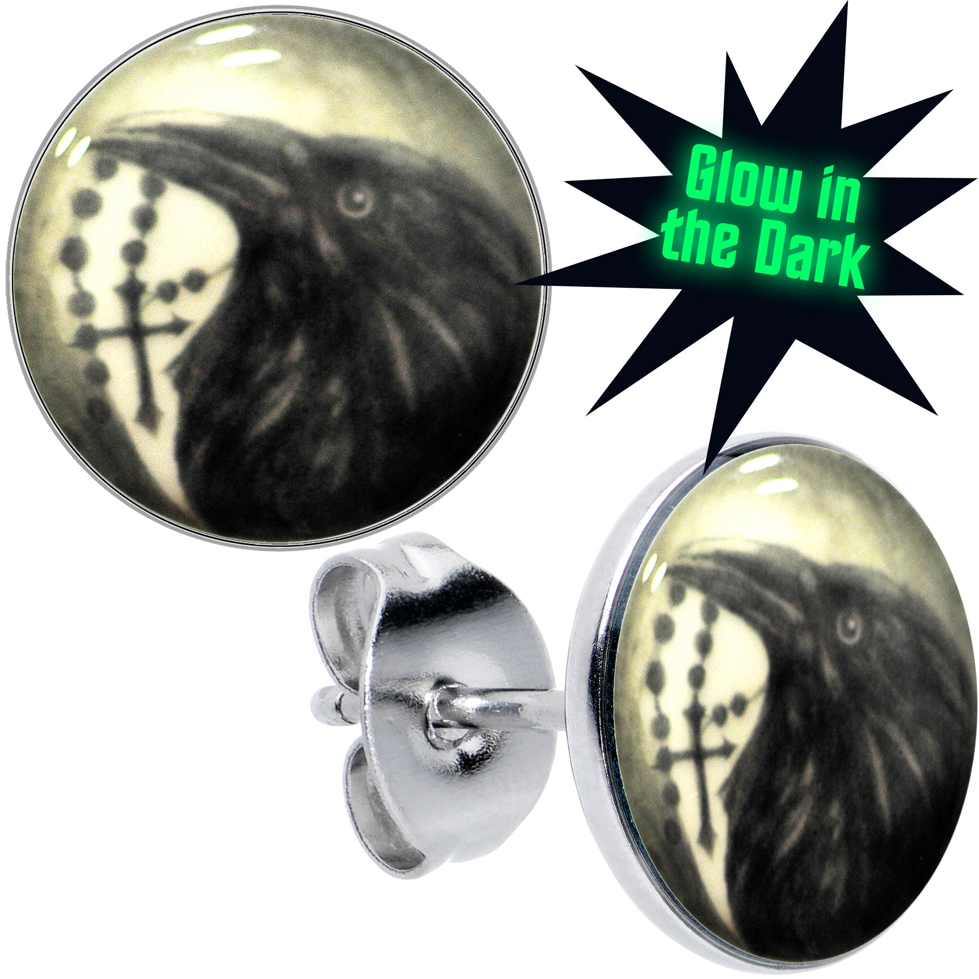 Raven and Cross Glow in the Dark Hypoallergenic Stainless Steel Stud Earrings