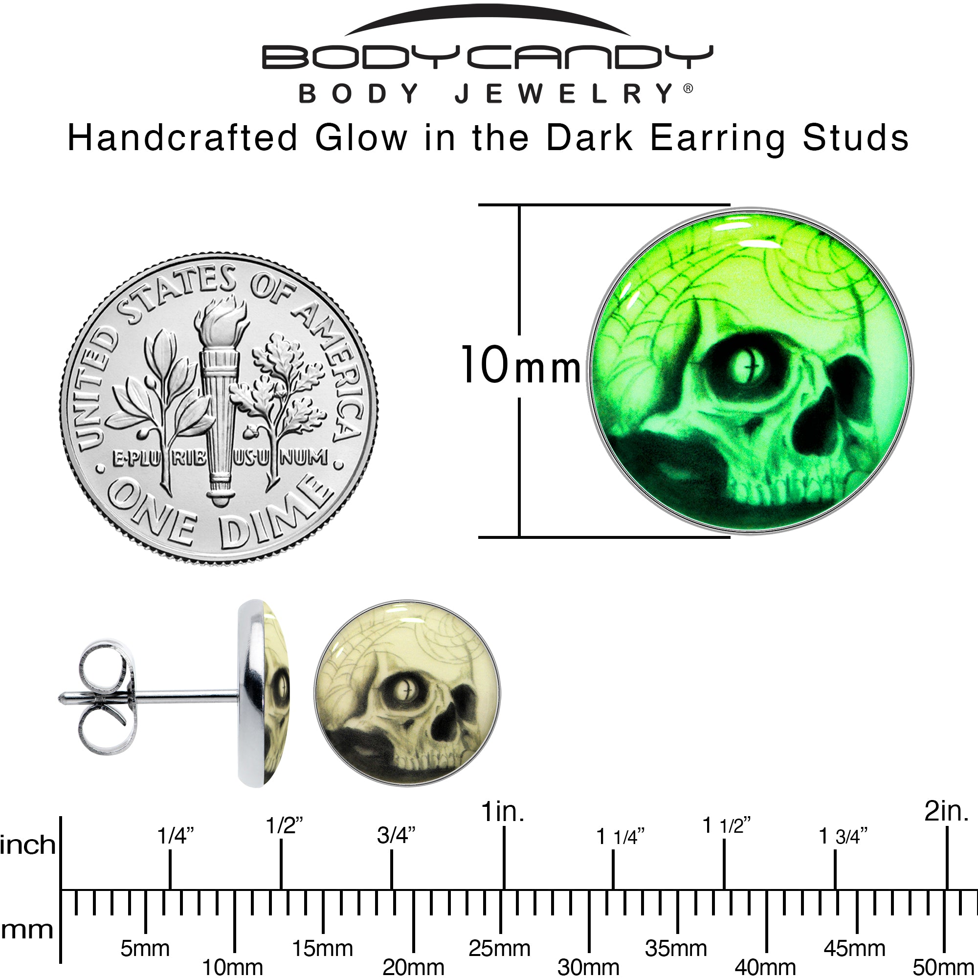Webbed Skull Glow in the Dark Stainless Steel Stud Earrings custom design option