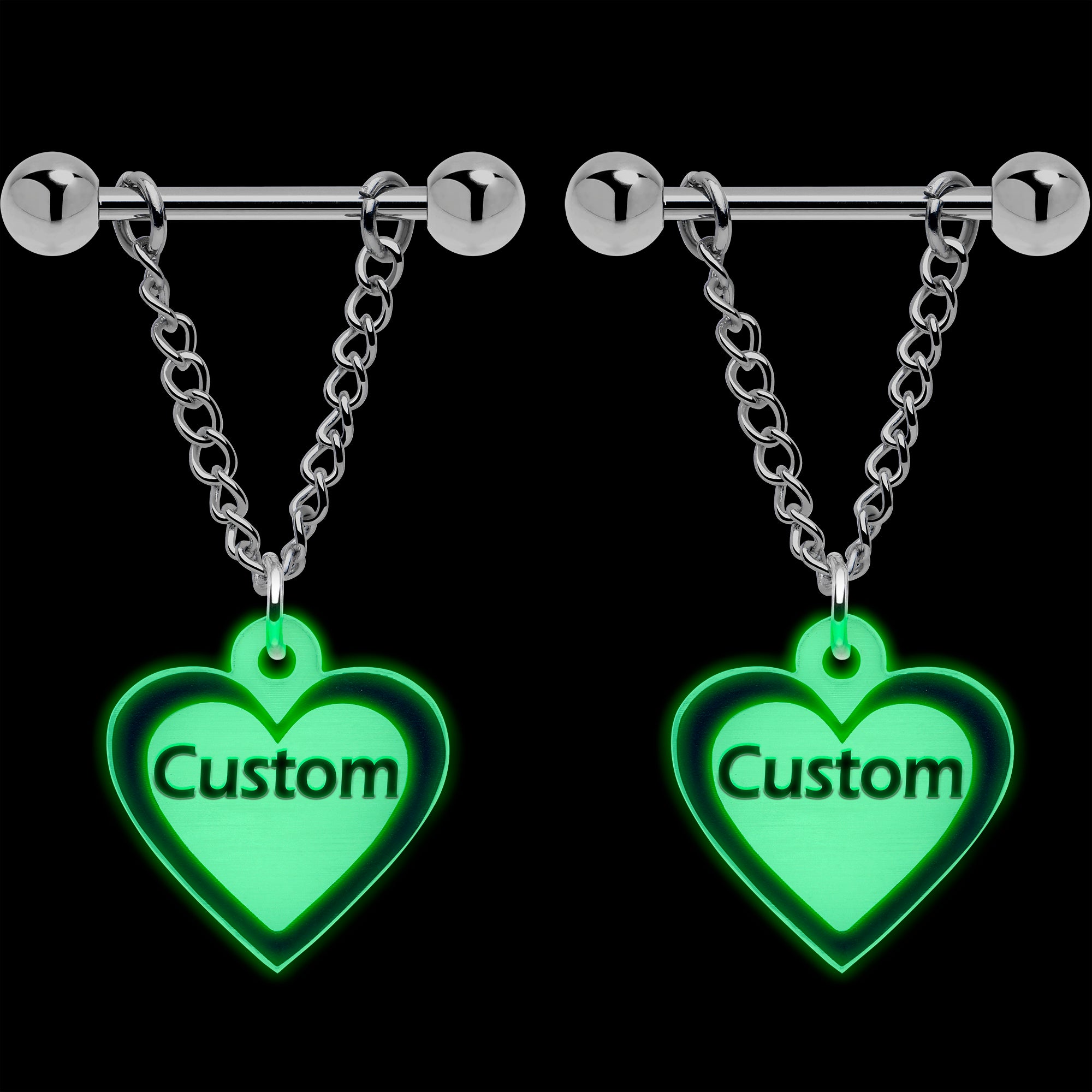 Custom Heart Glow in the Dark Nipple Rings Set