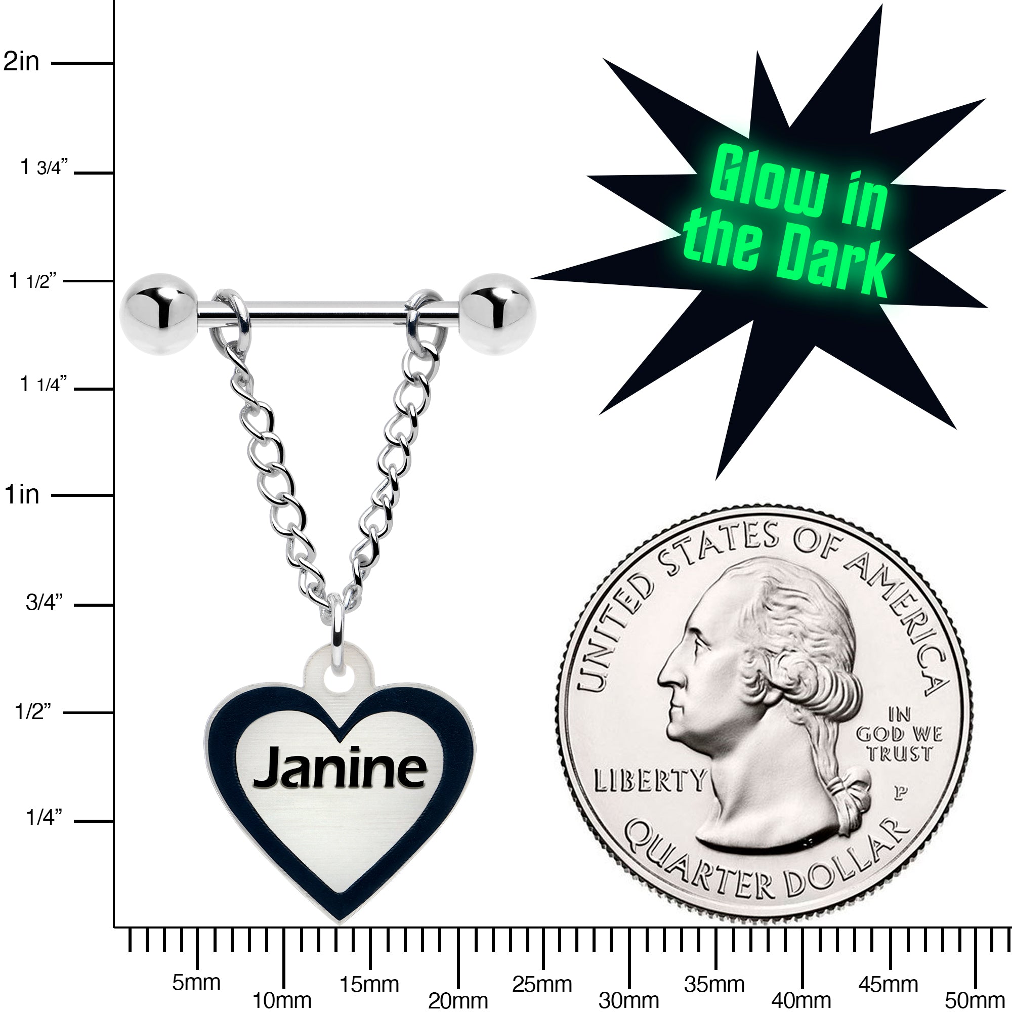 Glow in the Dark Heart Custom Name Nipple Rings