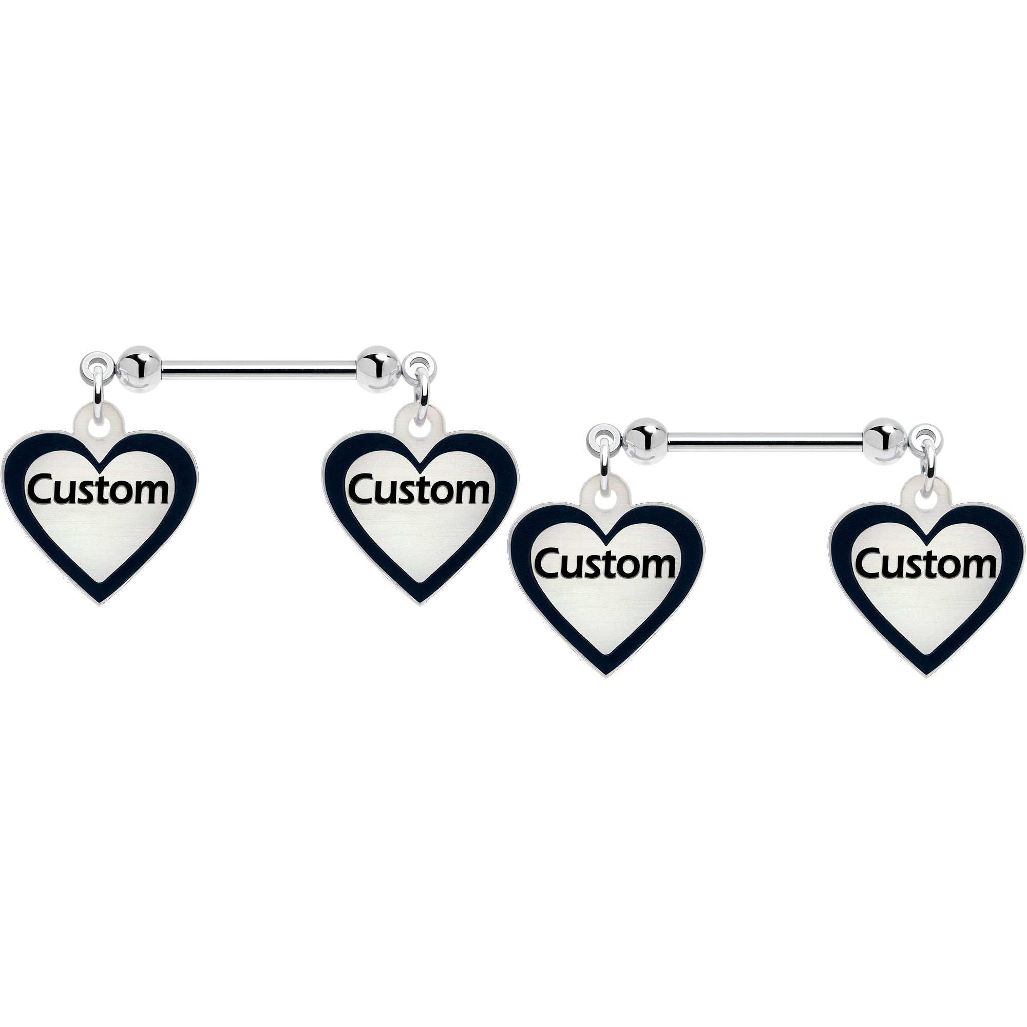 Double Glow in the Dark Heart Dangle Nipple Ring Set with Personalized Name