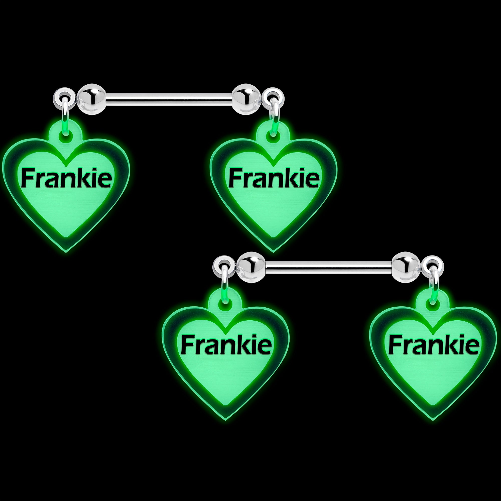 Glow in the Dark Custom Heart Dangle Nipple Rings with Personalized Name