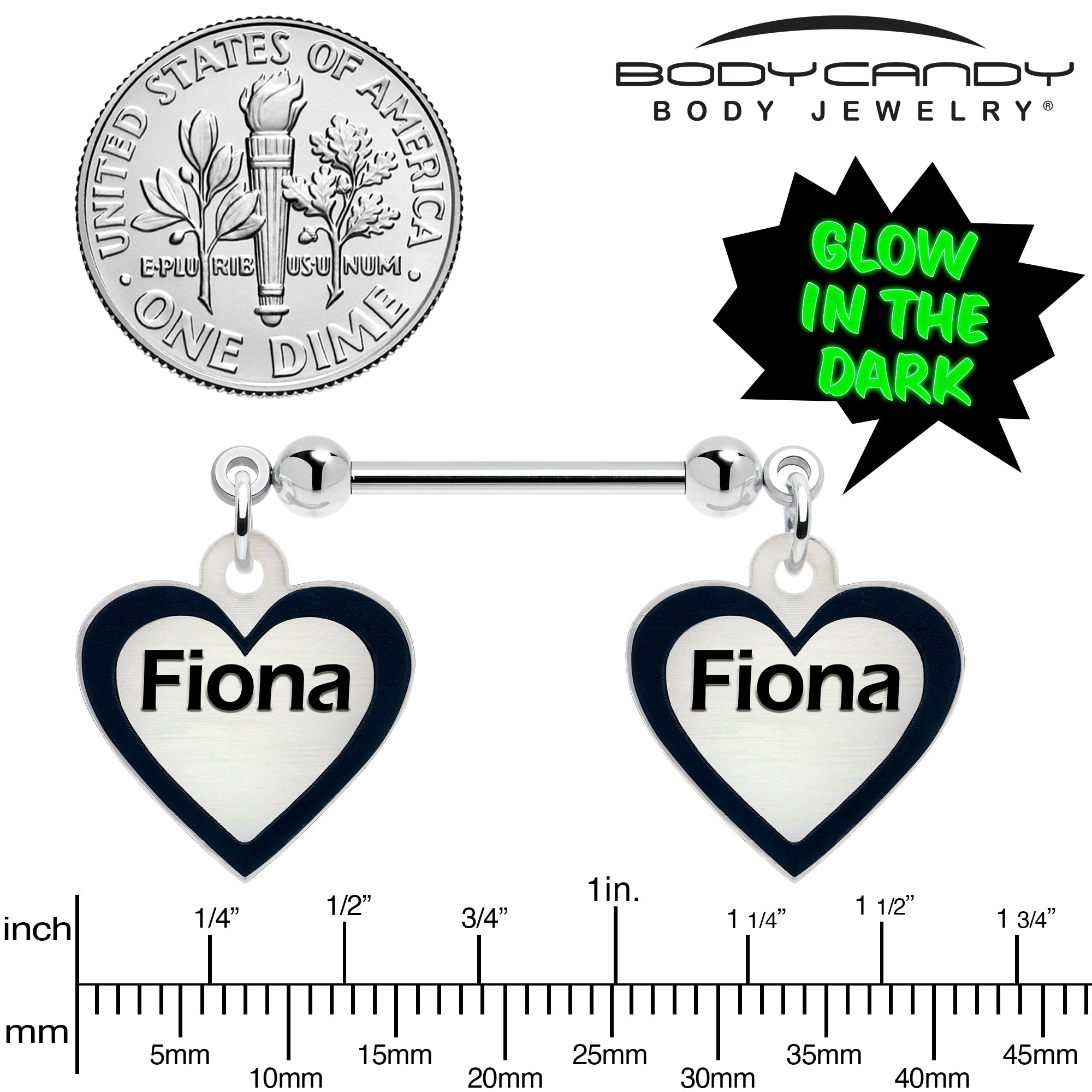 Personalized Name Glow in the Dark Heart Dangle Nipple Rings Set