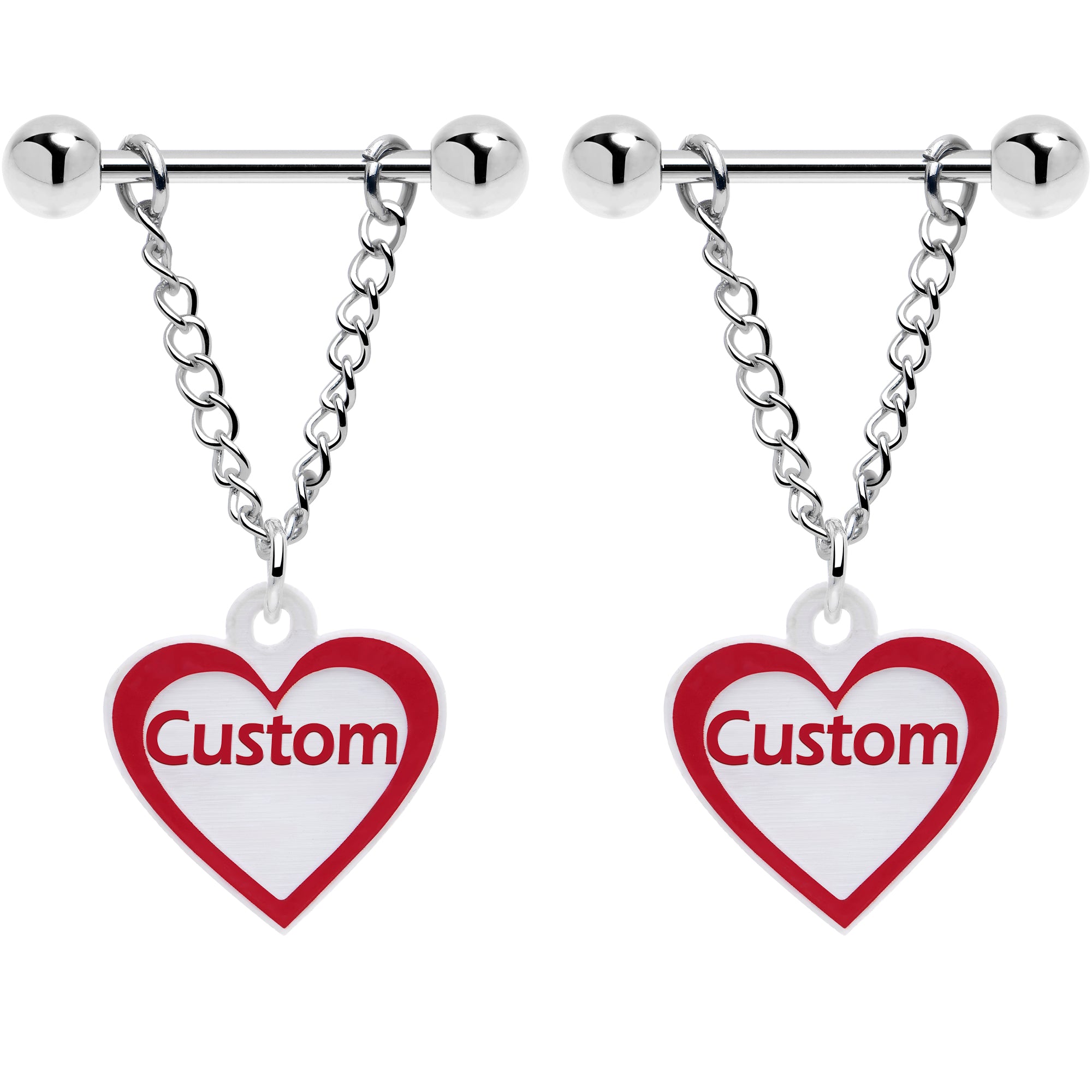 Personalized Name Nipple Rings Red White Heart Chain Set