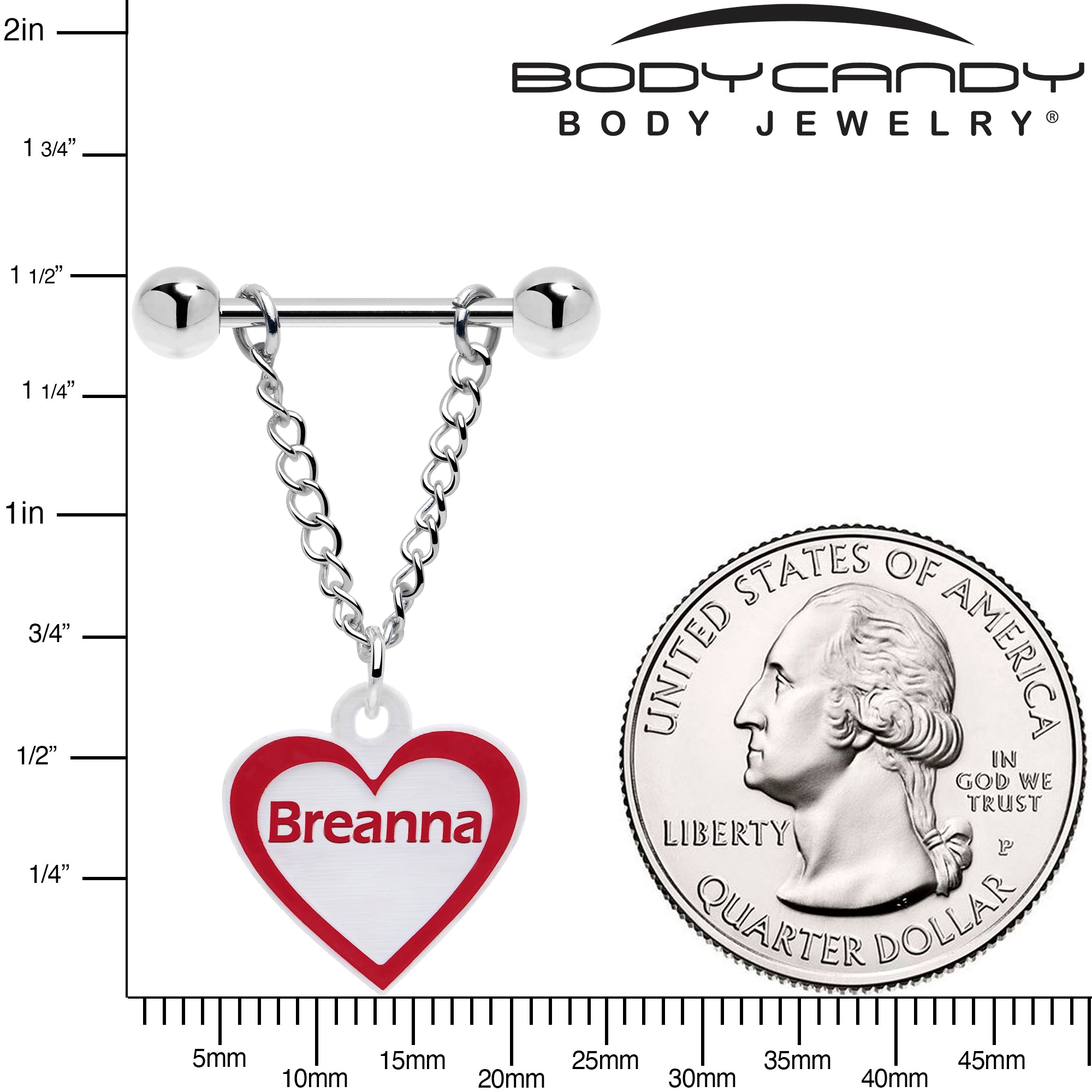 Red White Heart Chain Dangle Nipple Rings Custom Name Set