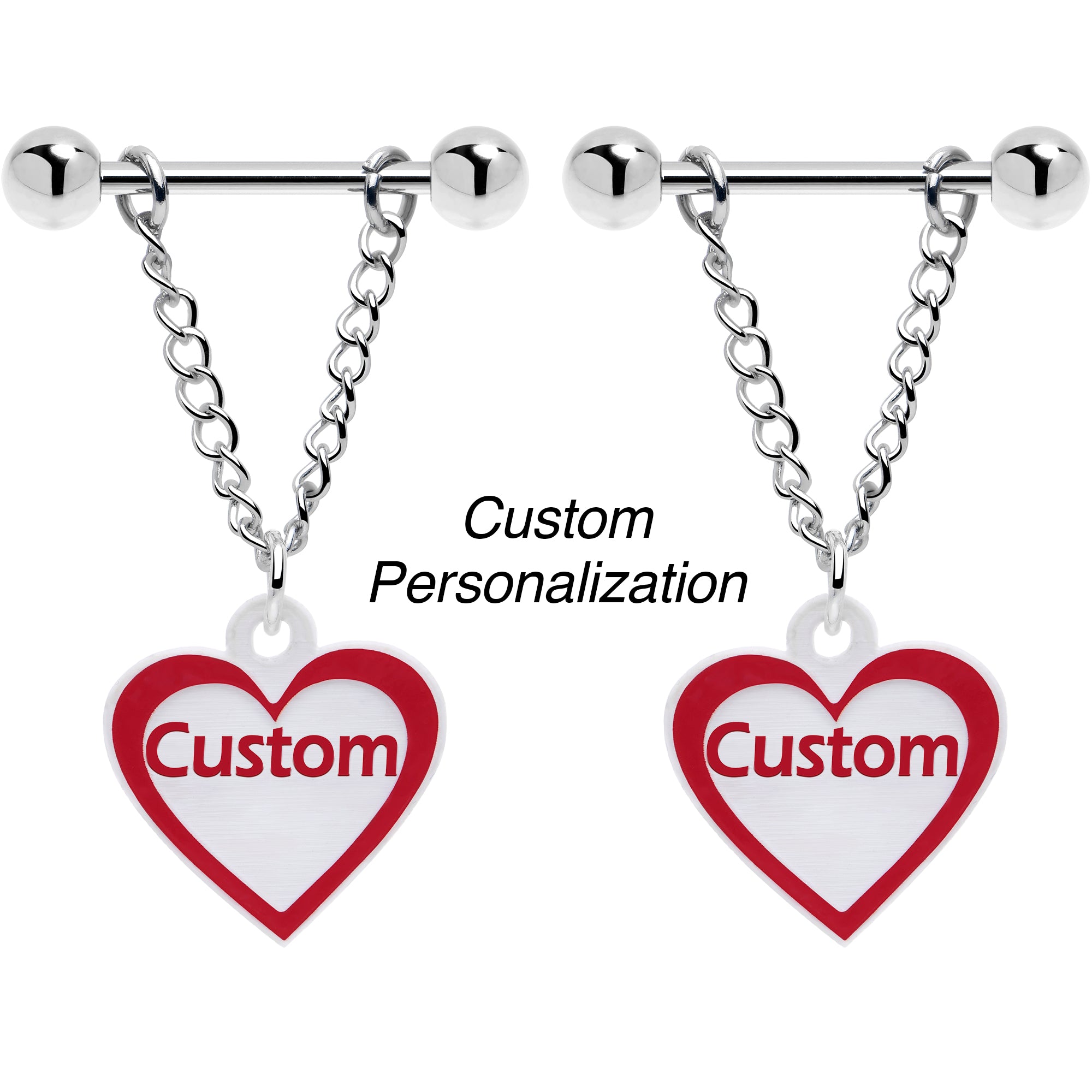 Custom Heart Chain Red White Nipple Rings Personalized Name Set