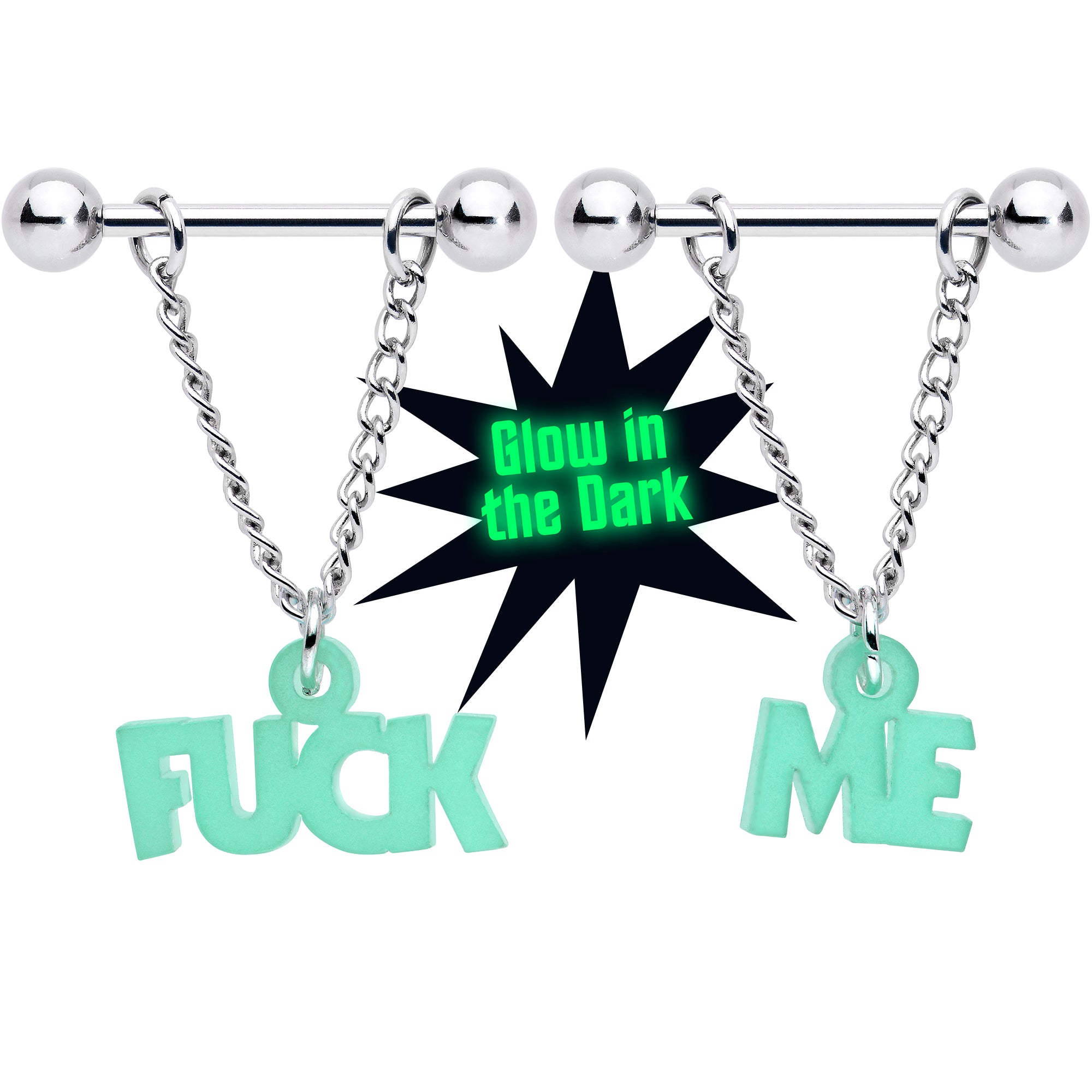 14G F*ck Me Glow in the Dark Chain Dangle Nipple Ring Set