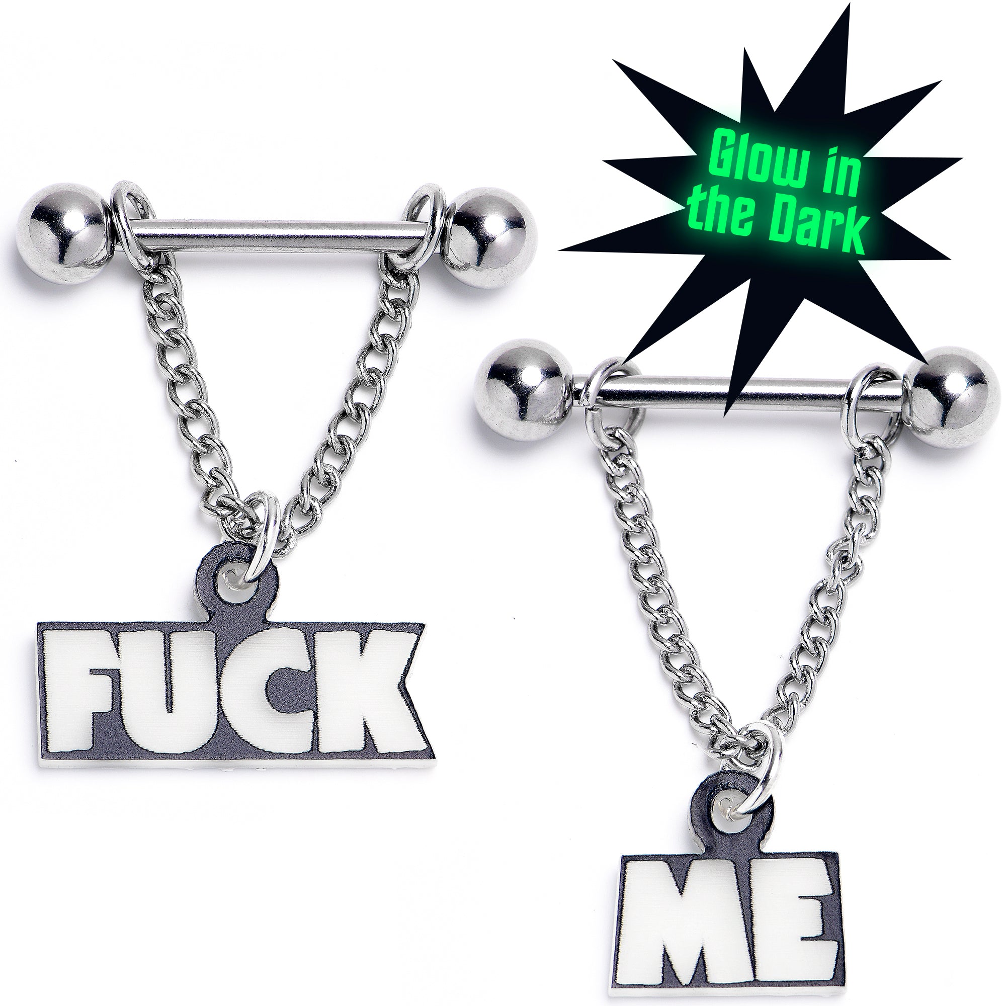 14G 5/8 F*ck Me Glow in the Dark Chain Dangle Nipple Ring Set