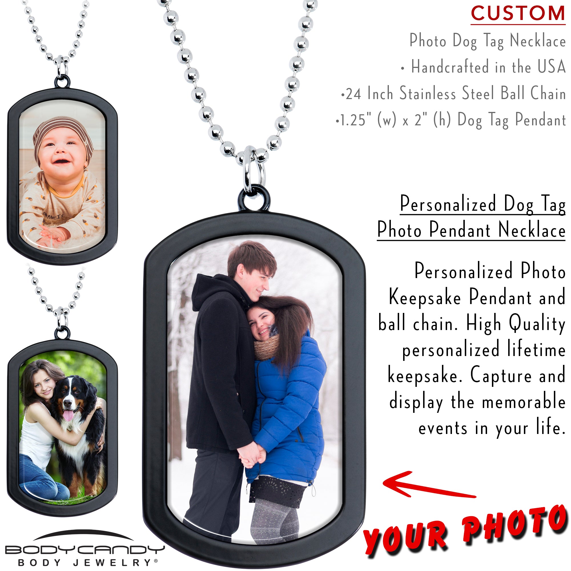 Personalized Black Dog Tag Photo Pendant Necklace