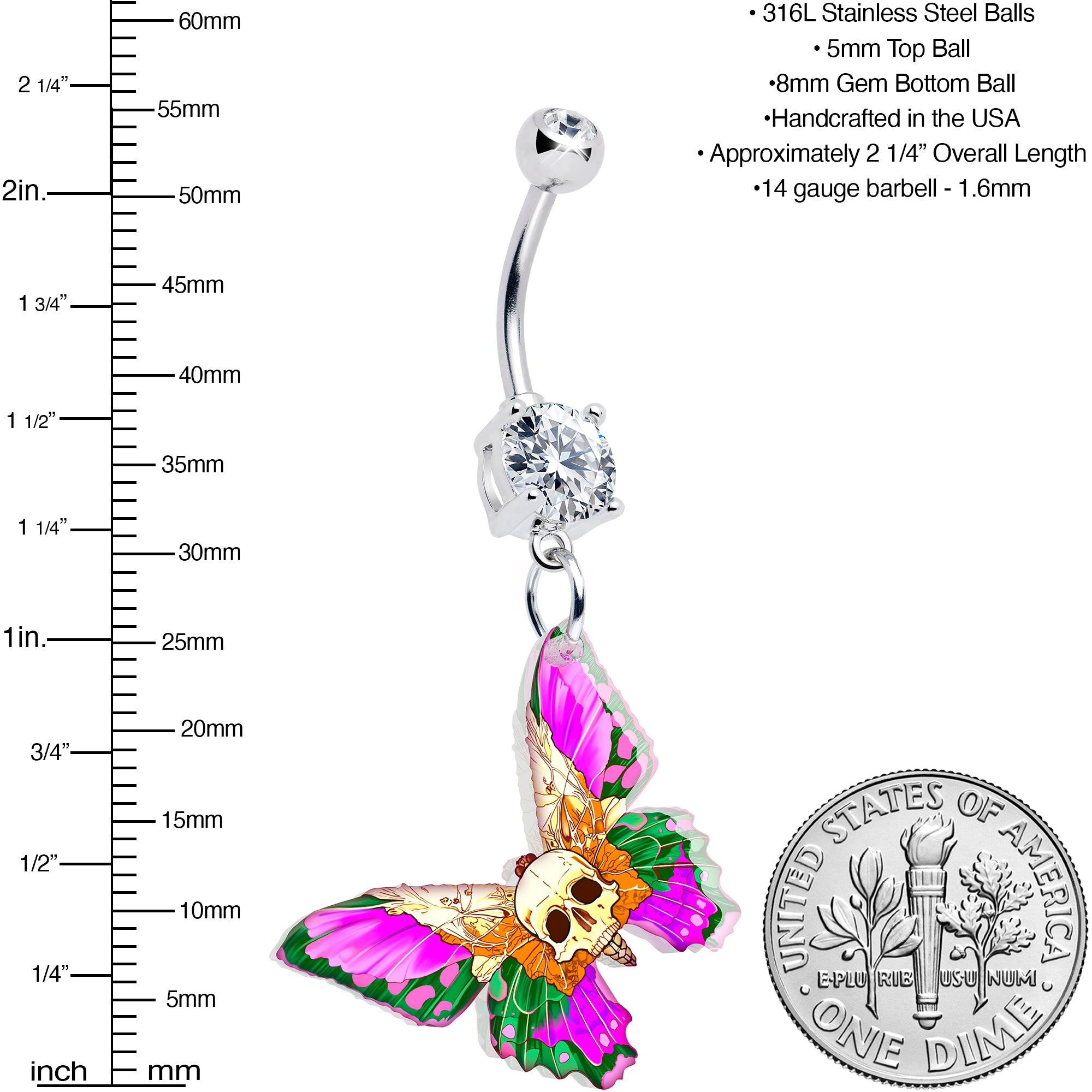 Onyx O butterfly skull belly ring with clear gem