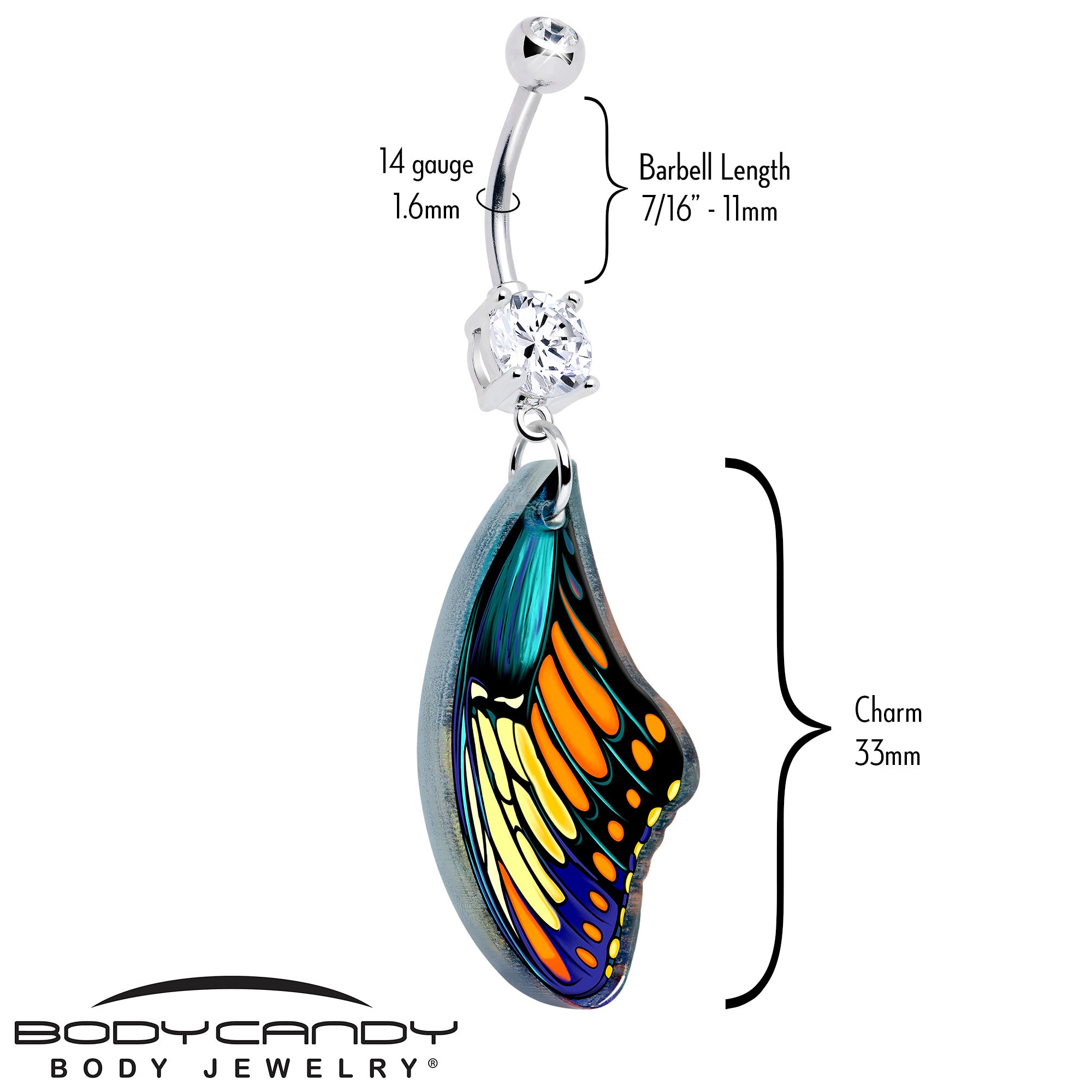 Butterfly Dangle Belly Ring Double Gem Body Jewelry