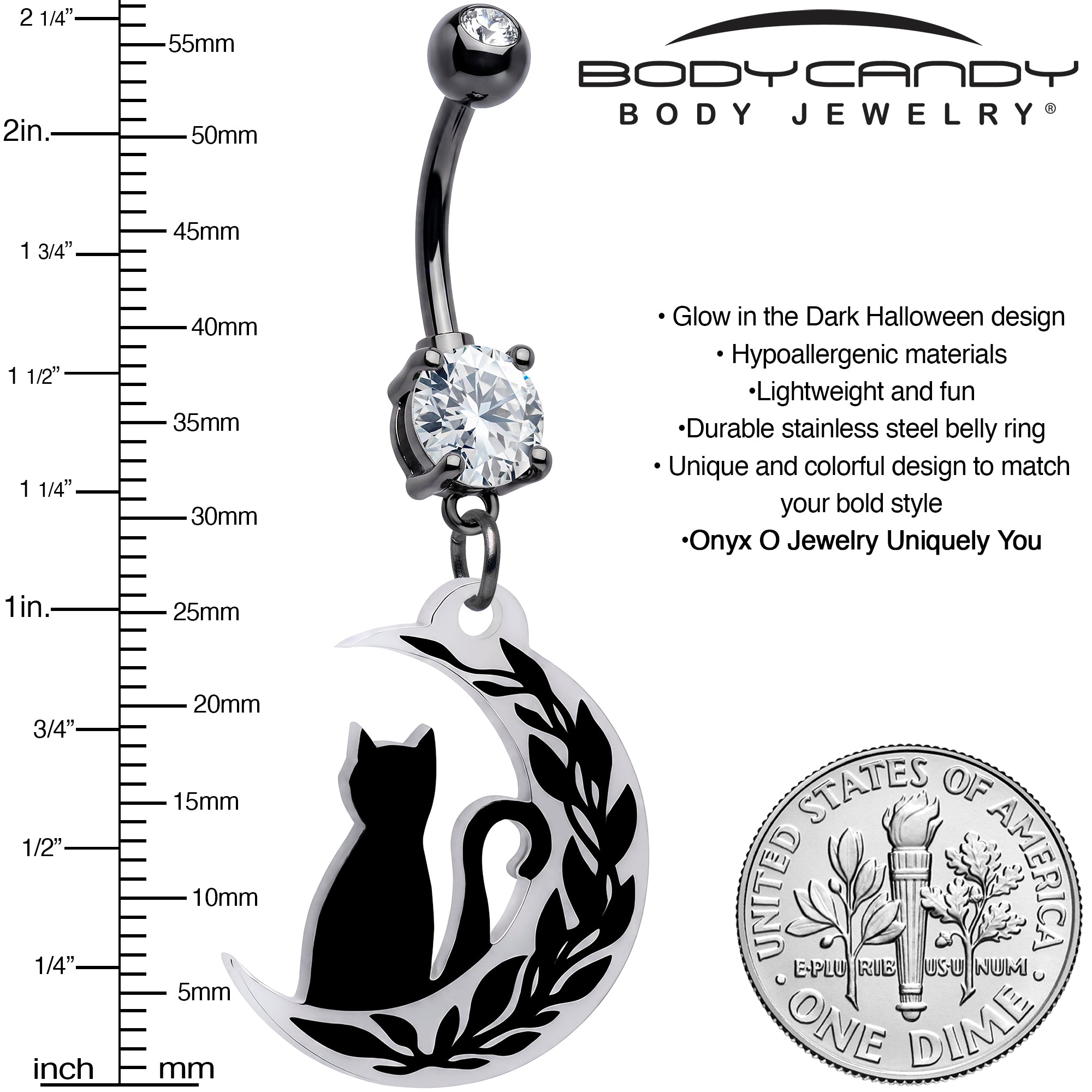 Midnight Kitty Glow in the Dark Cat Moon Dangle Belly Ring by Onyx O
