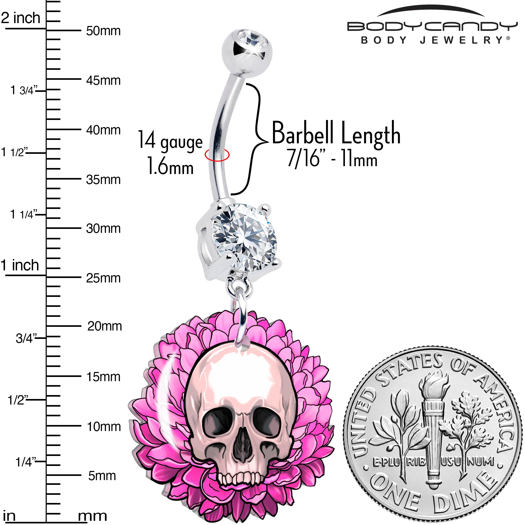 Blooming pink flower belly ring with skull charm