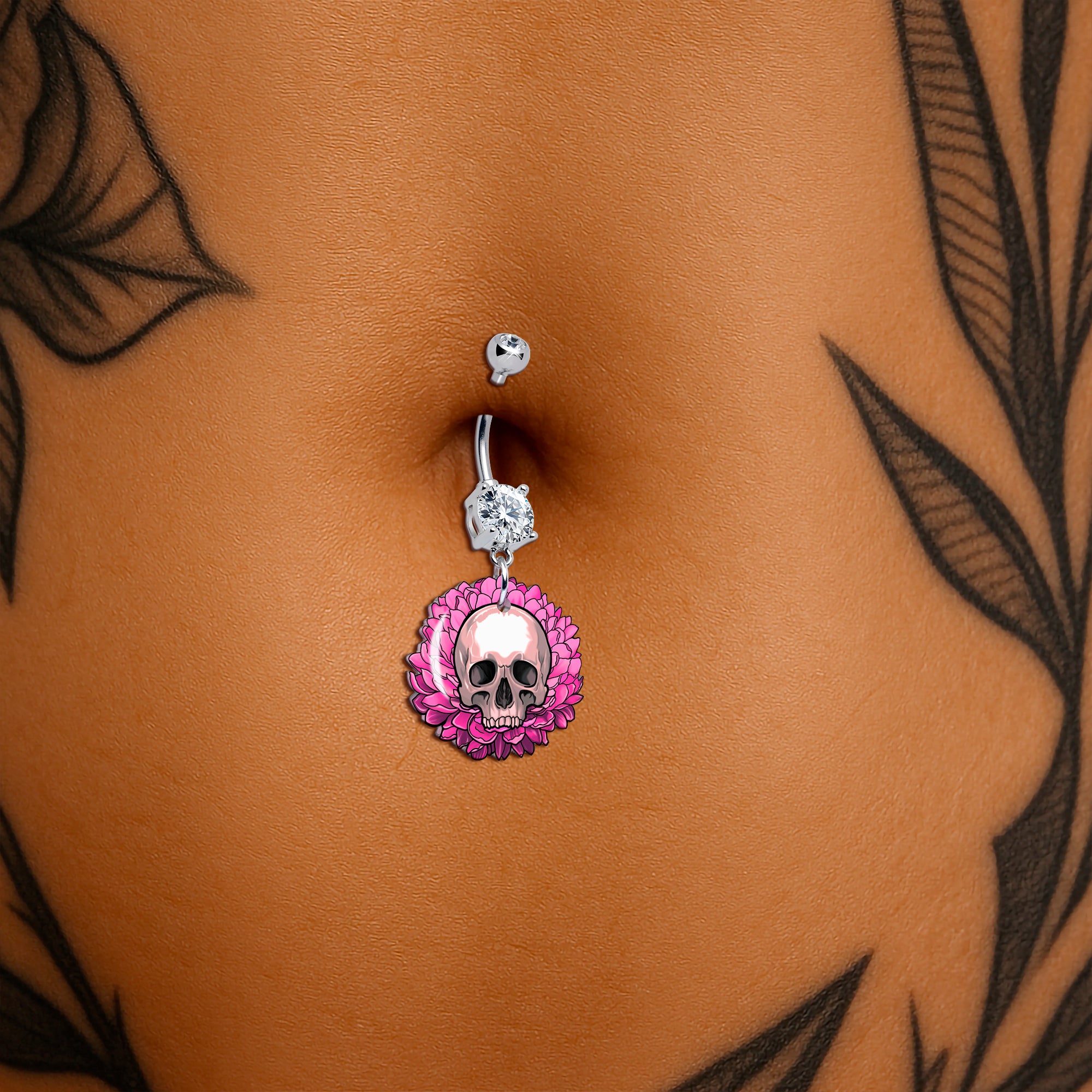 Onyx O clear gem skull belly ring