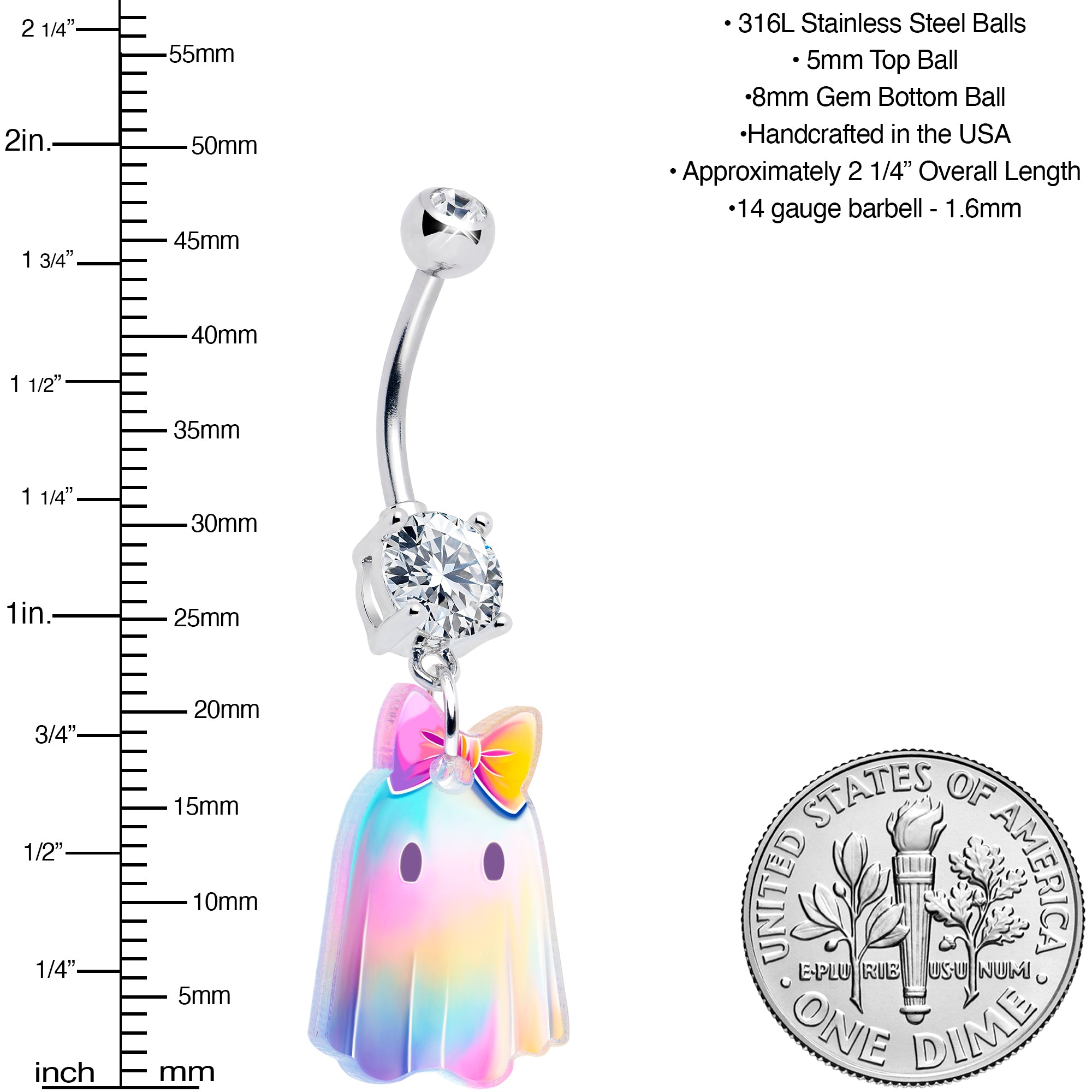Onyx O ghost girl belly ring with iridescent gem