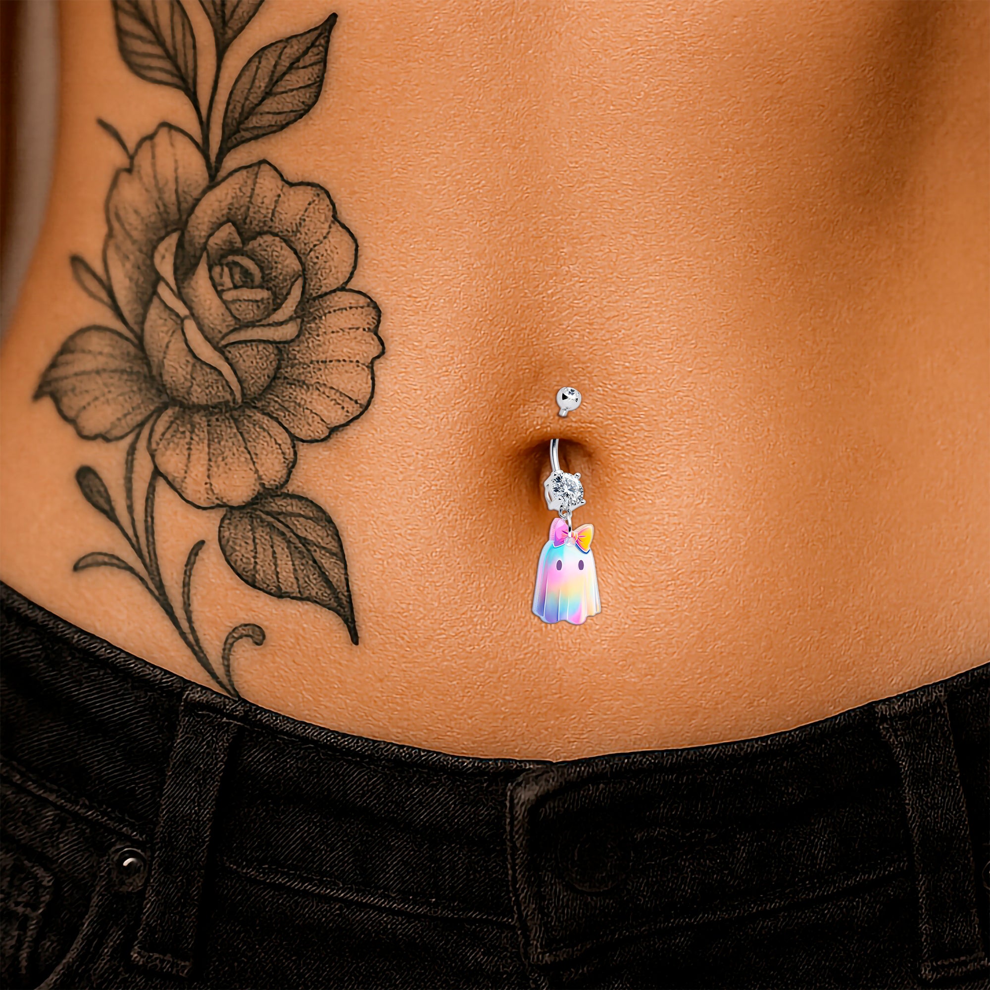 Iridescent clear gem belly ring ghost girl design