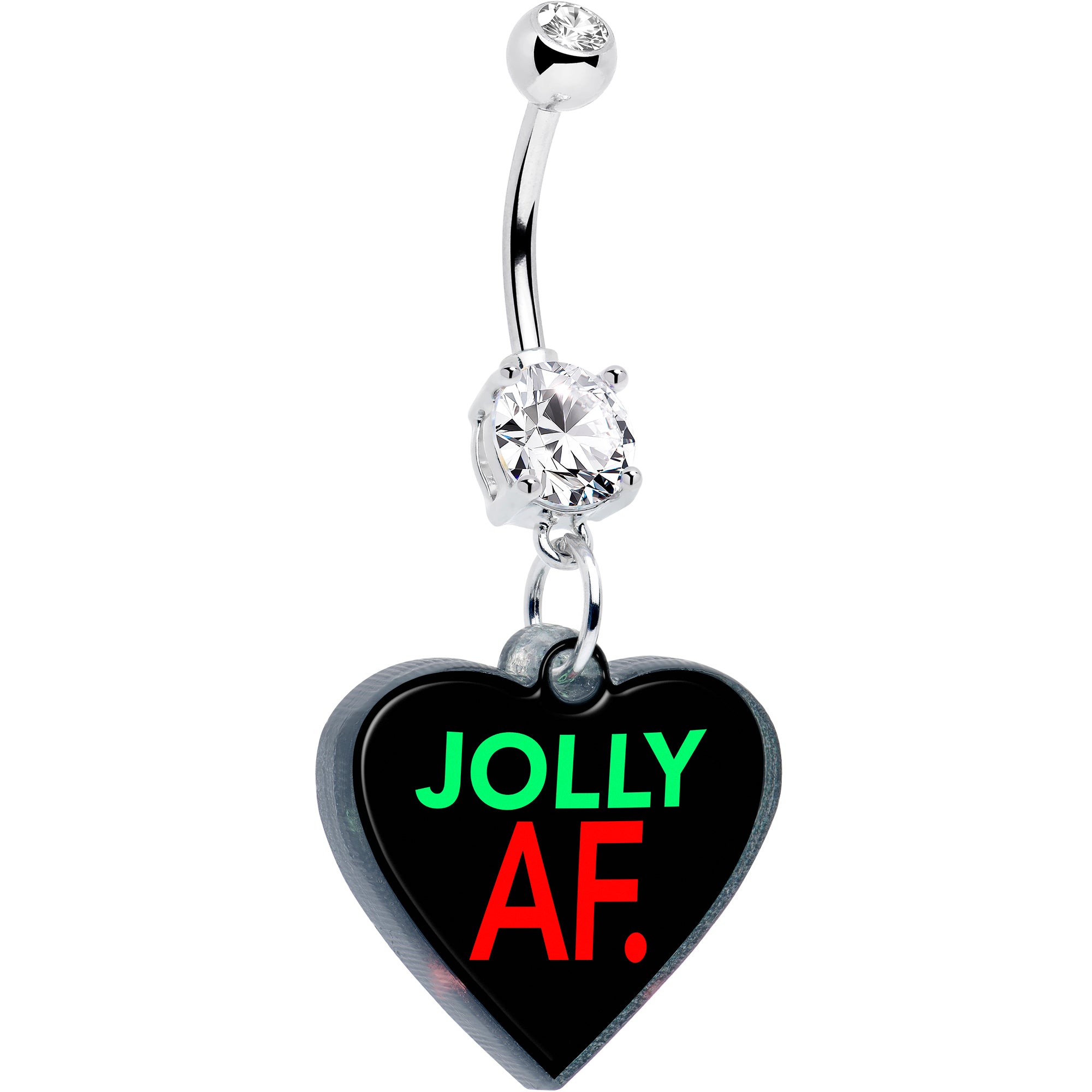 Body Candy clear double gem jolly AF heart dangle holiday belly ring