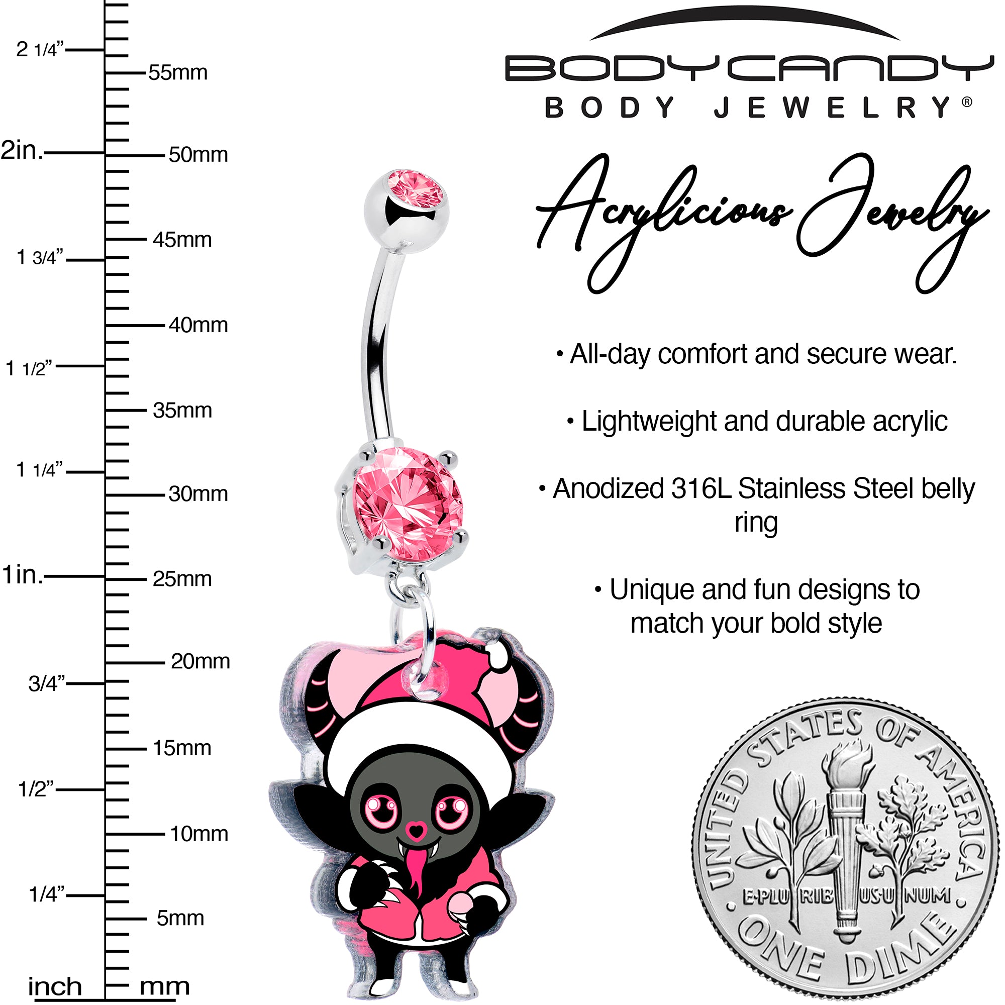 Krampus Christmas dangle navel ring with pink double gems