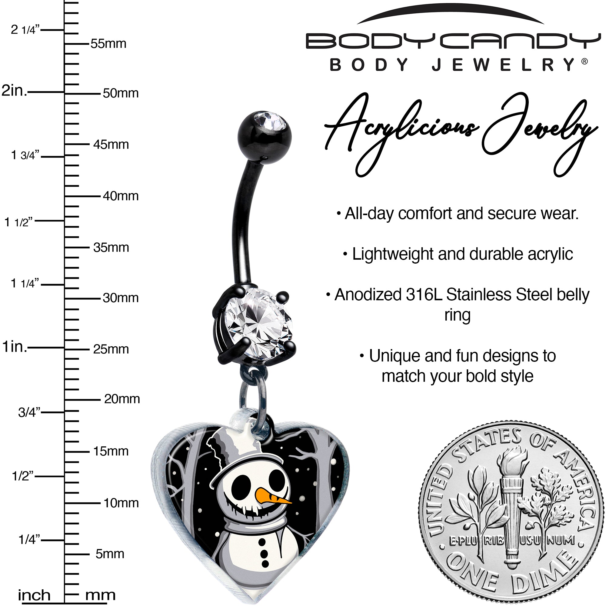 Spooky snowman holiday navel ring with black double gems