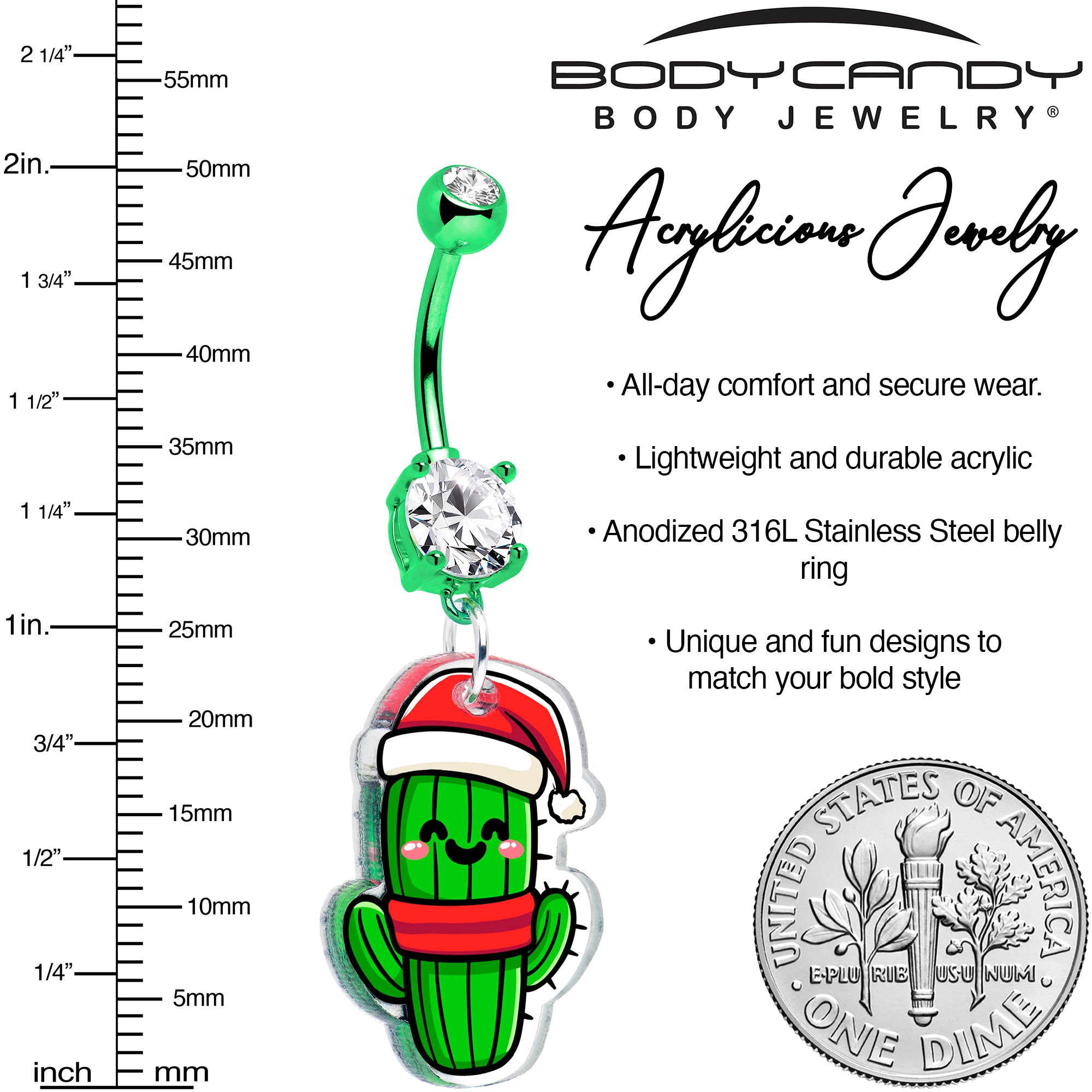 Christmas cactus dangle navel ring with green double gems