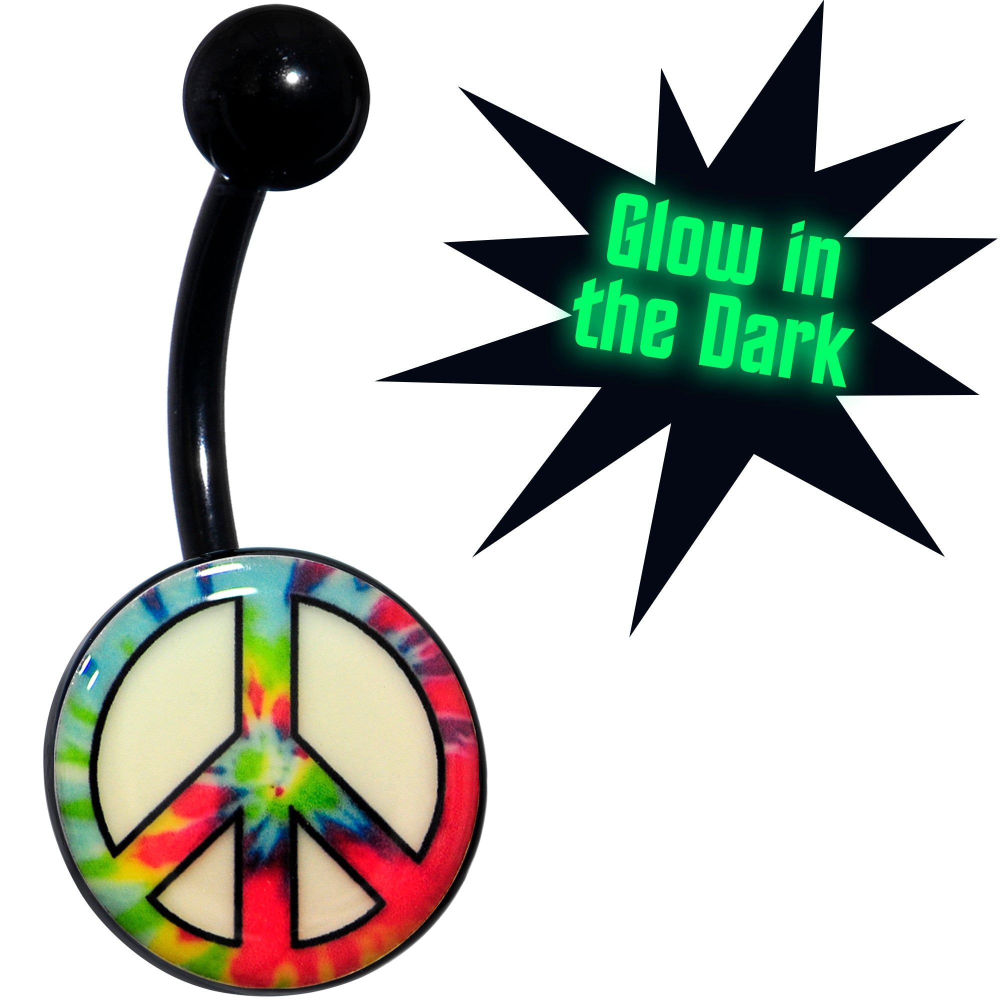 Glow in the Dark Titanium Tie Dyed Peace Sign Hypoallergenic Stainless Steel Belly Ring