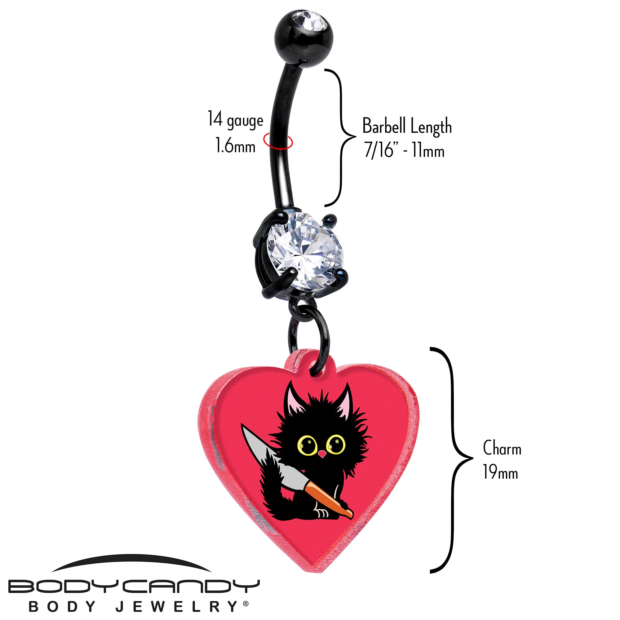 Staby cat themed black heart belly piercing