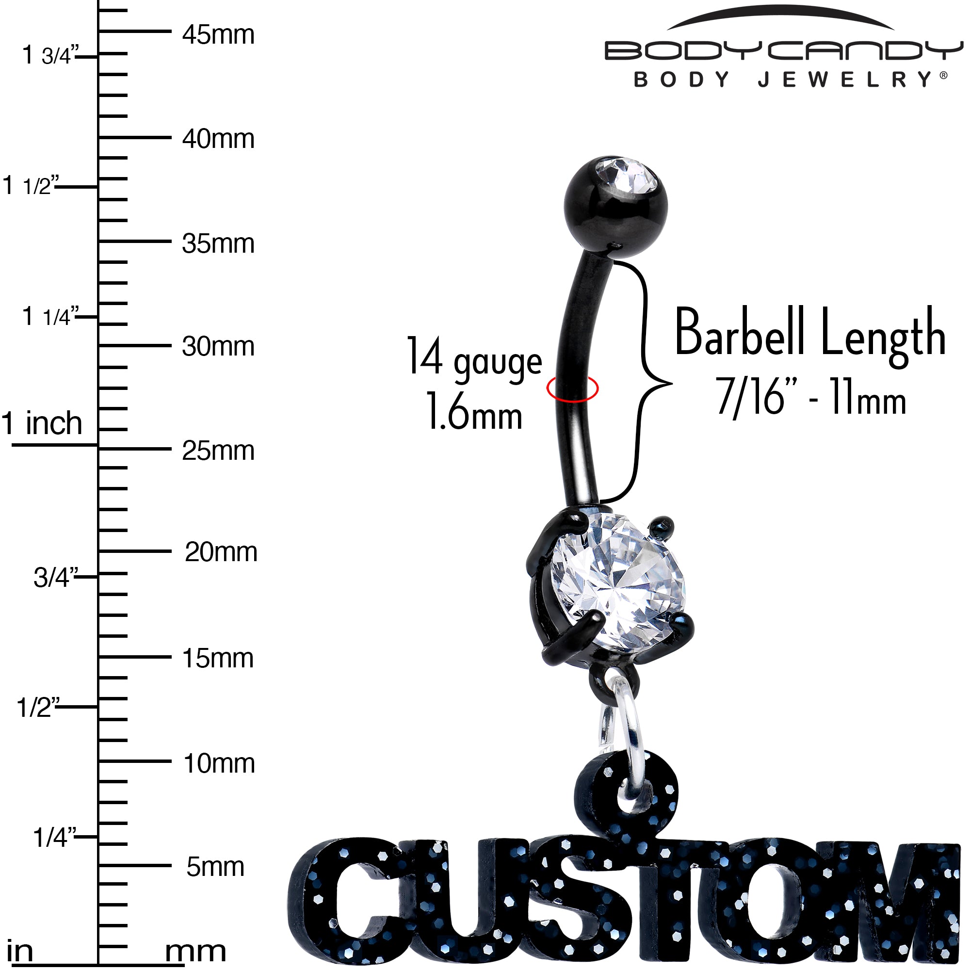 personalized name belly ring black double gem