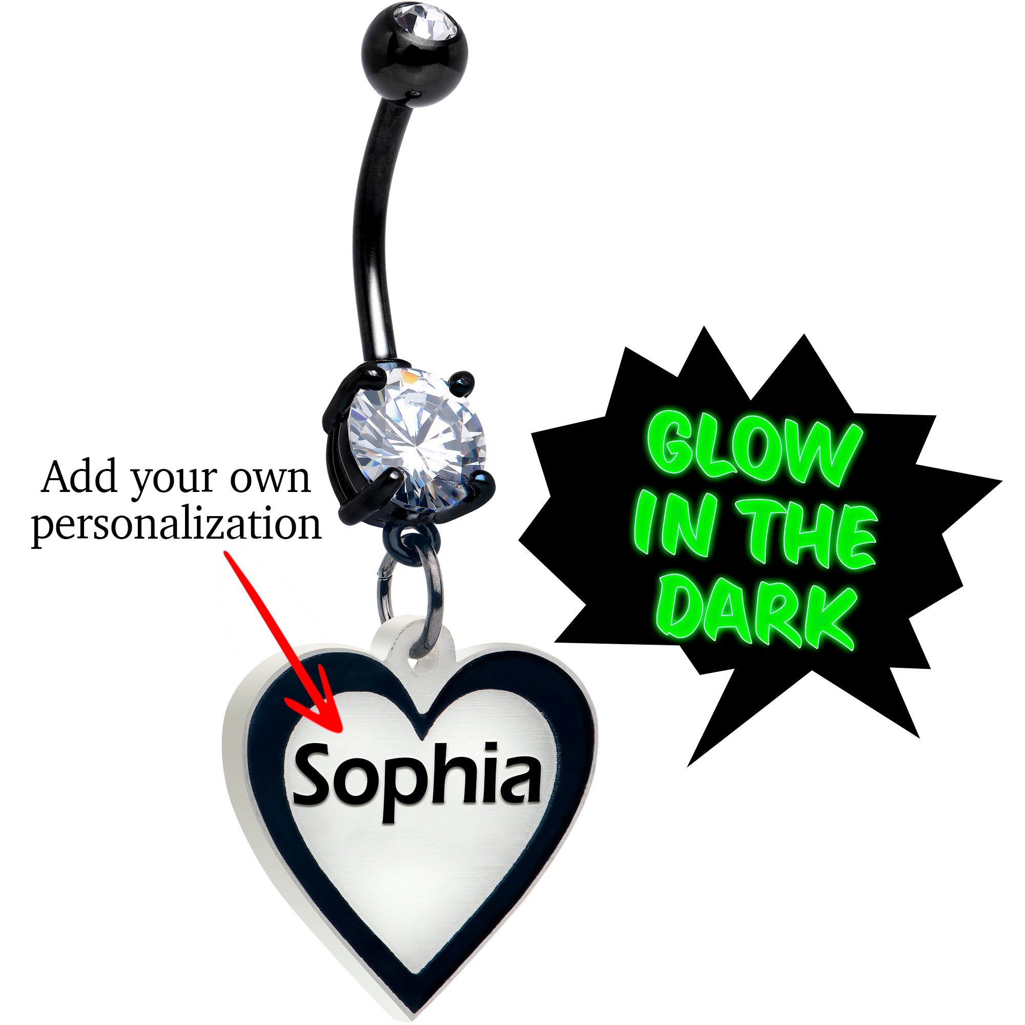 Custom Glow in the Dark Heart Dangle Belly Ring