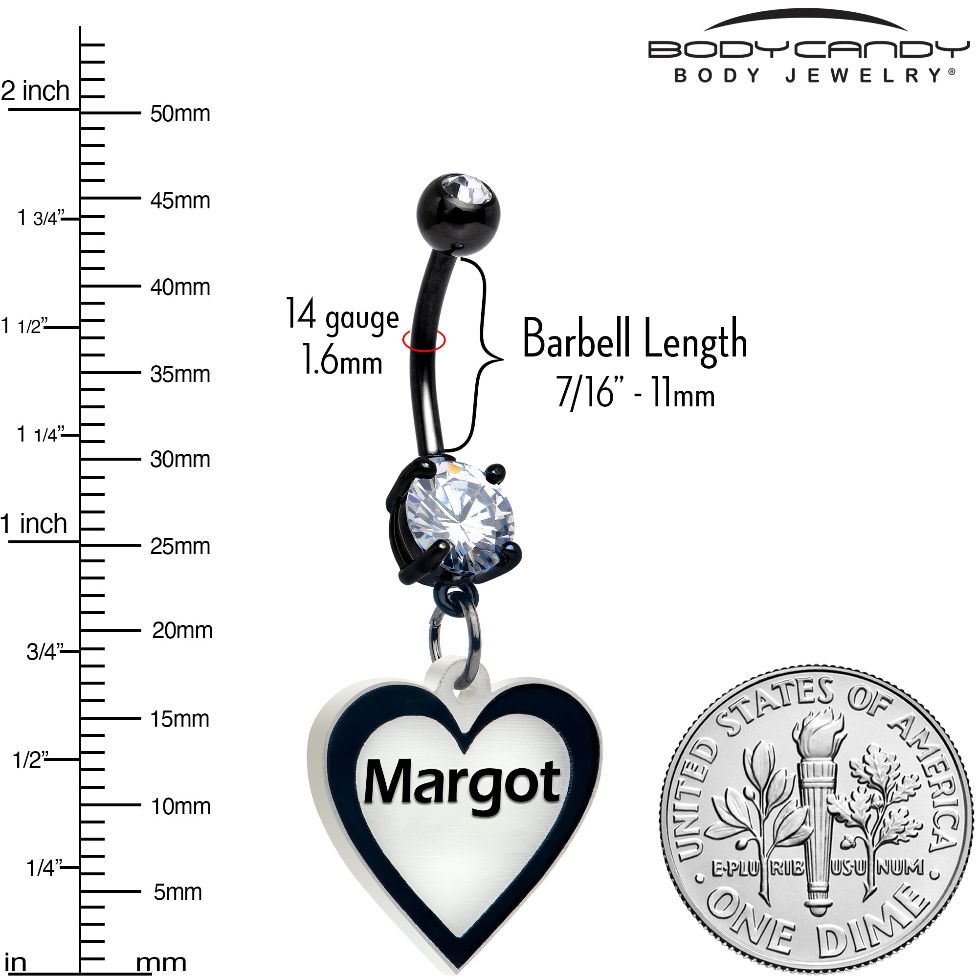 Personalized Heart Dangle Belly Ring Glow in the Dark