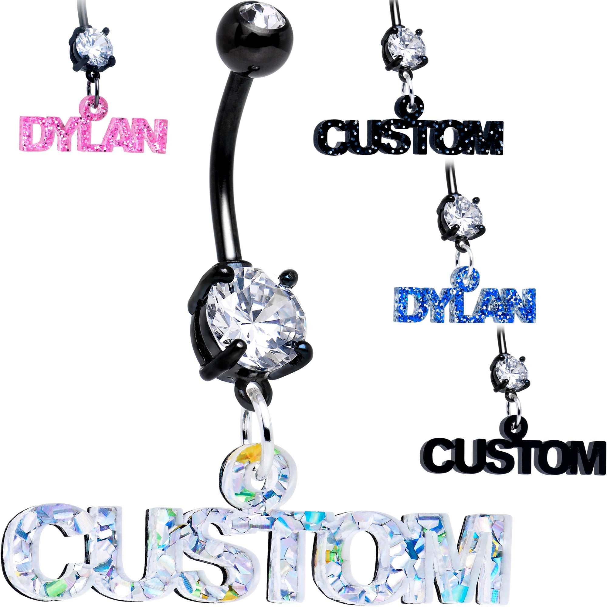 Custom Black Double Gem Personalized Name Belly Ring