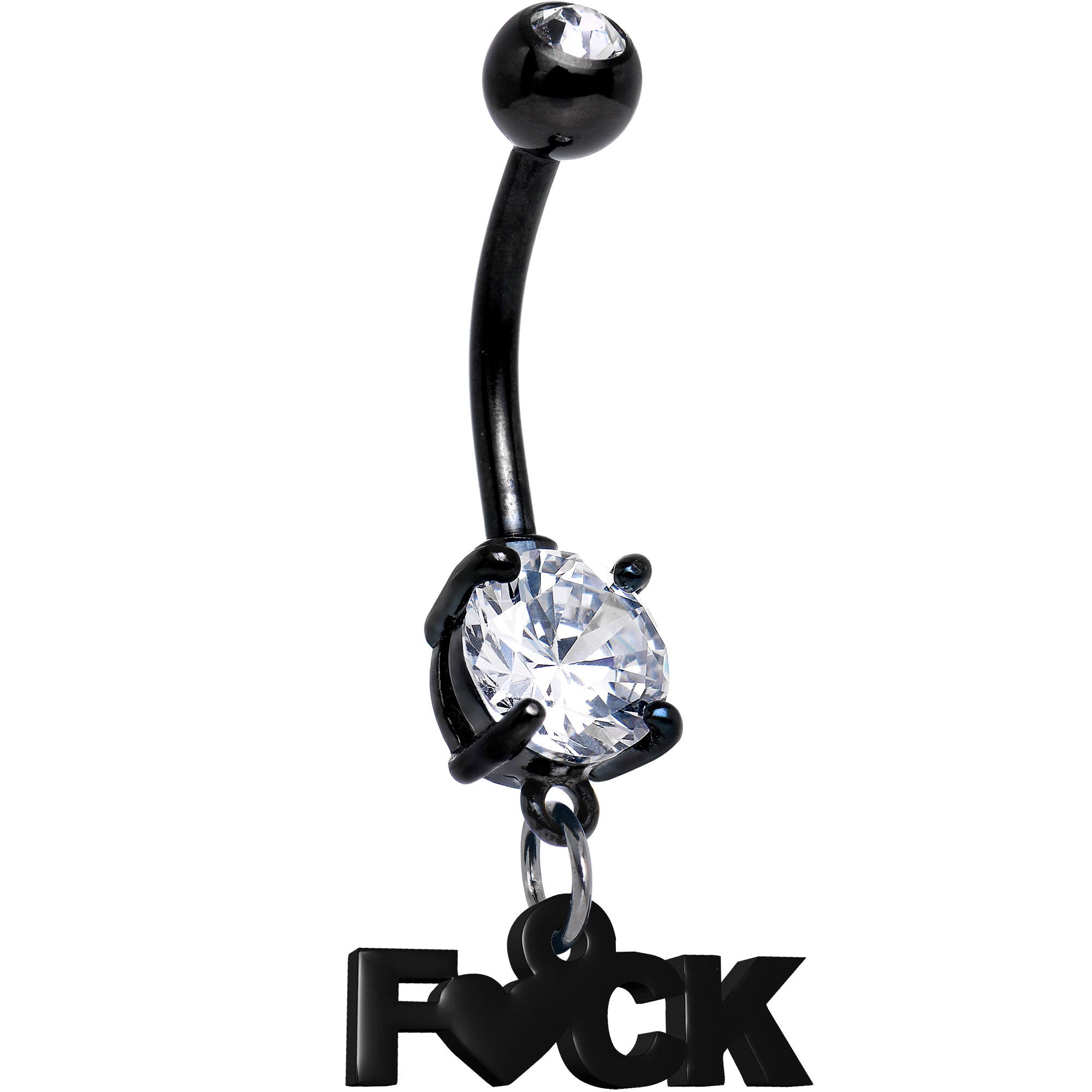Black Double Gem F*CK Heart Dangle Hypoallergenic Stainless Steel Belly Ring