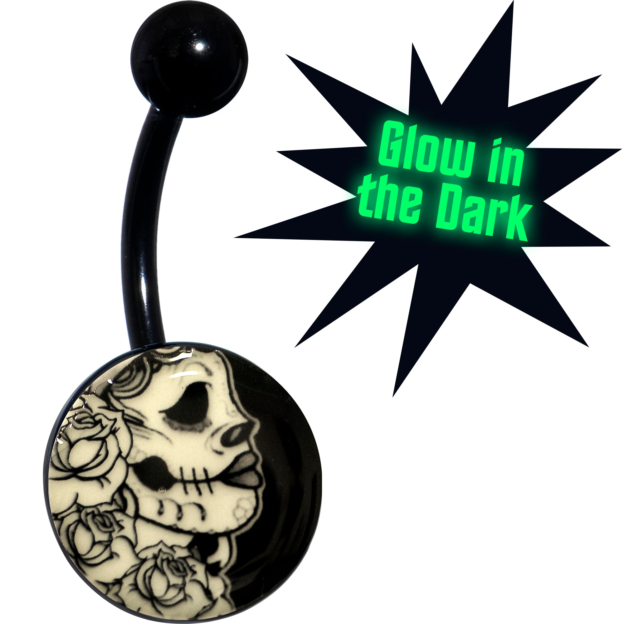 Black Glow in the Dark Katrina Sugar Skull Hypoallergenic Stainless Steel Belly Ring