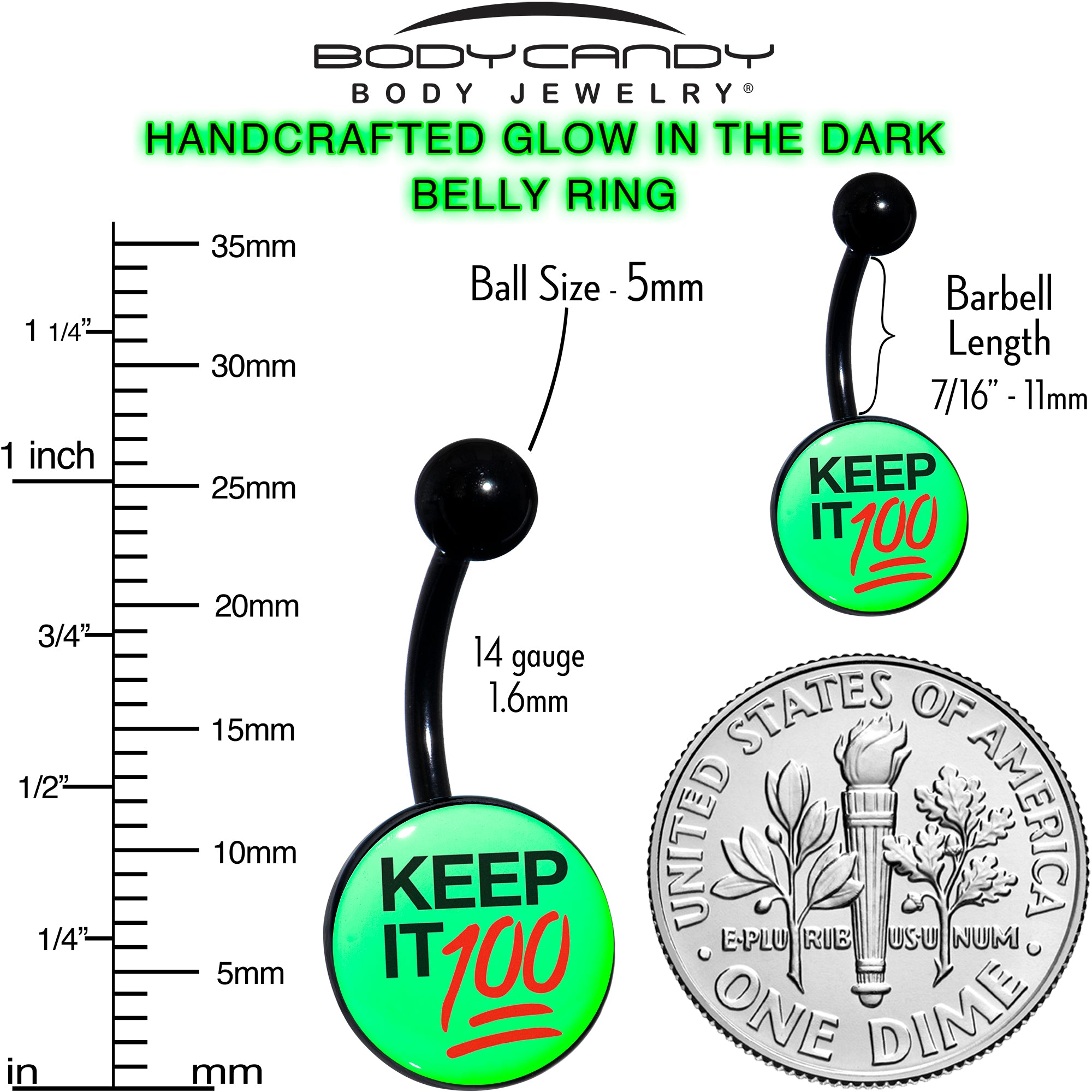 Glow in the Dark Black Keep it 100 Belly Ring by Onyx O