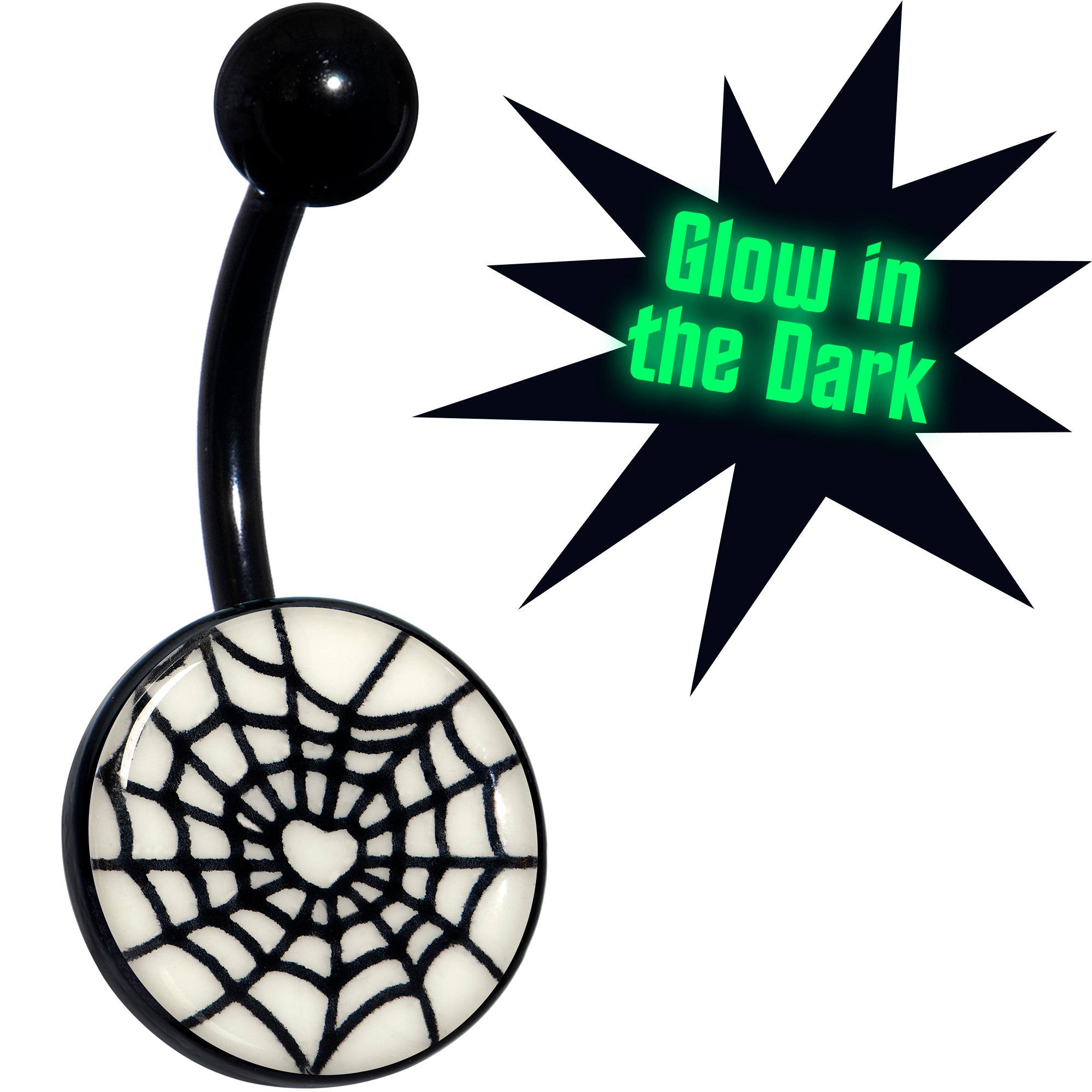 Black Glow in the Dark Heart Spider Web Hypoallergenic Stainless Steel Belly Ring
