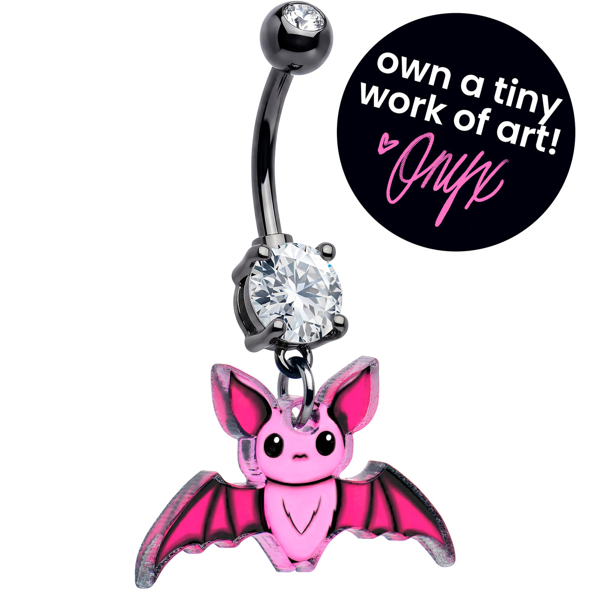 Black Gem Pretty Pink Bat Acrylic Dangle Belly Ring by Onyx O