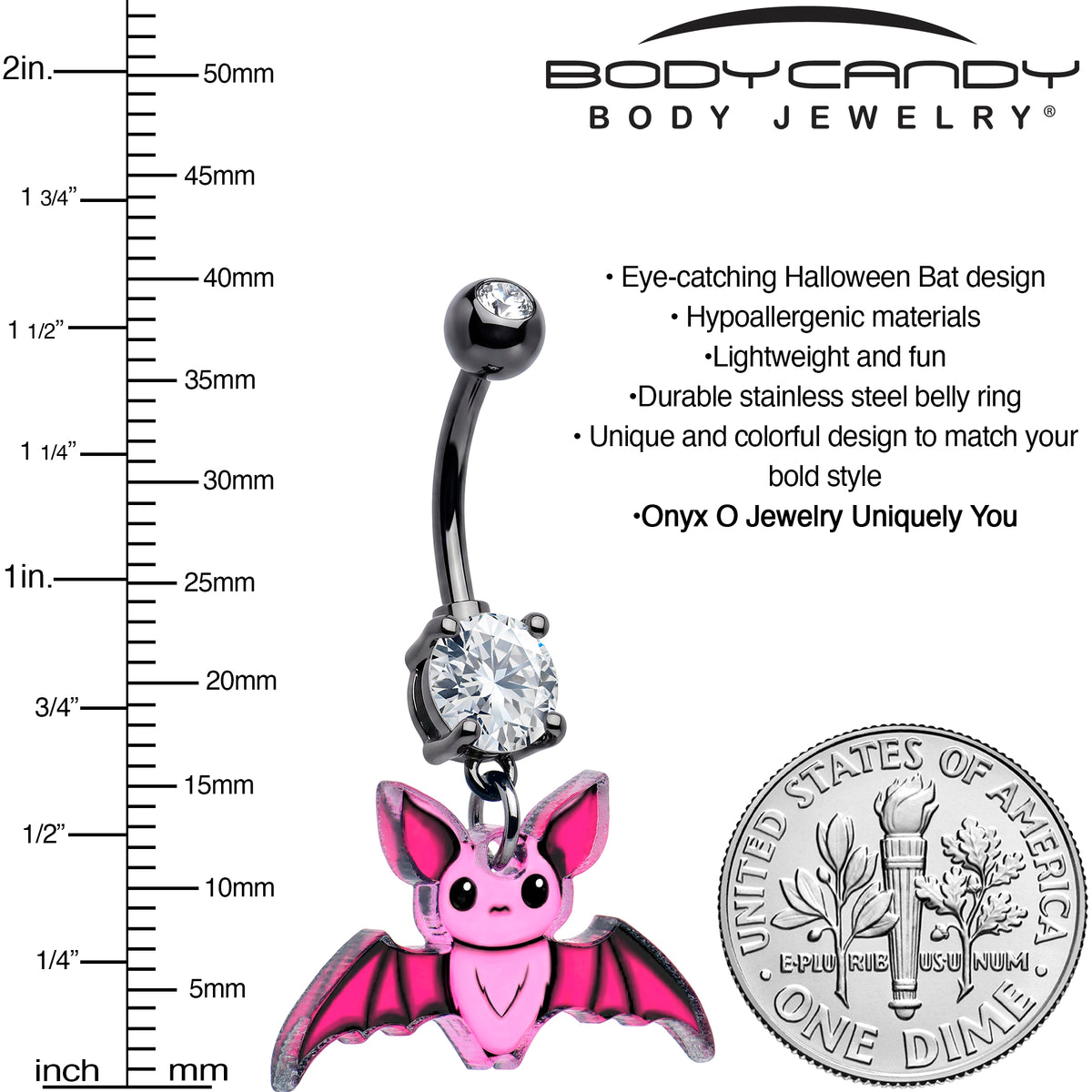 Black Gem Pretty Pink Bat Acrylic Dangle Belly Ring by Onyx O