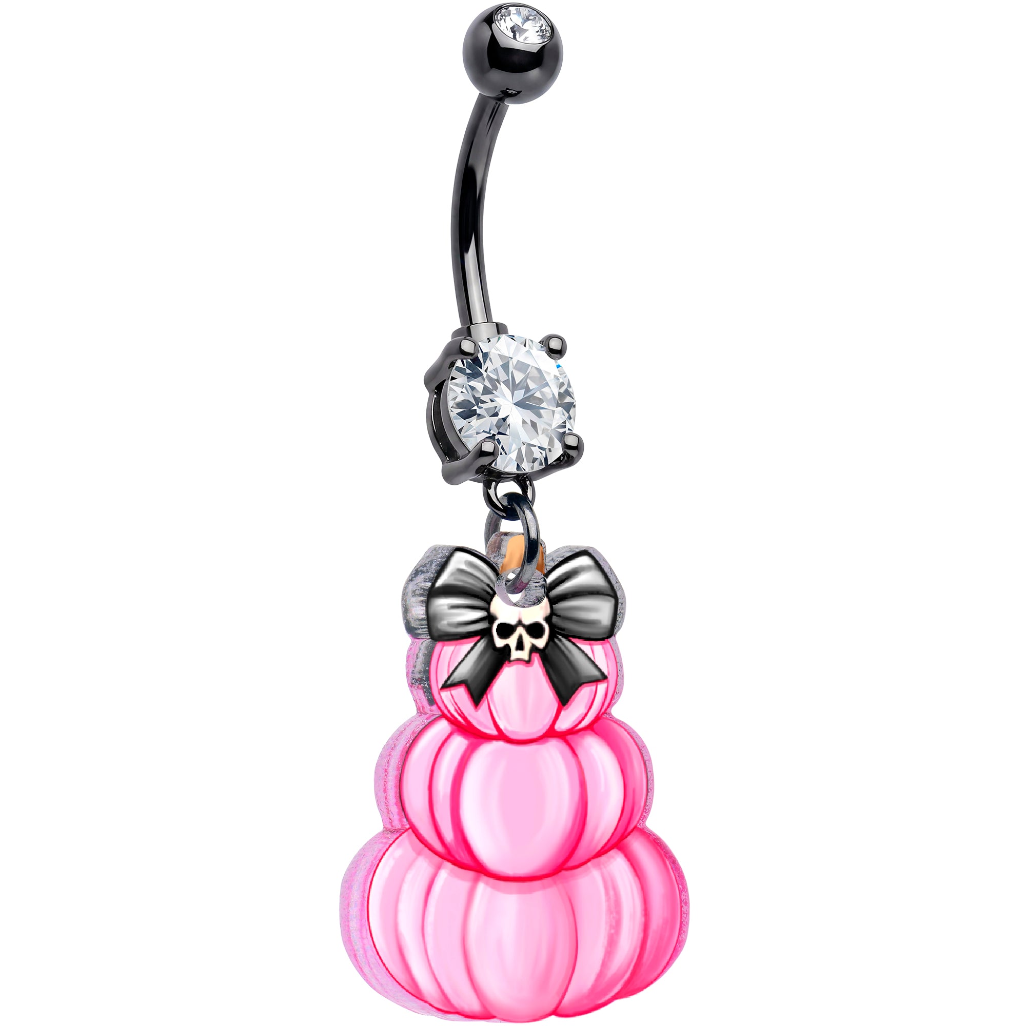 Black Gem Pink Skull Bow Pumpkin Stack Dangle Belly Ring by Onyx O