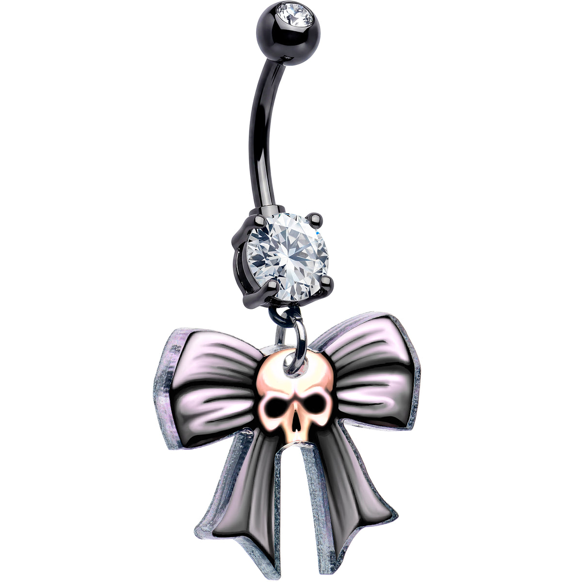 Black Double Gem Wicked Bow Skull Acrylic Dangle Belly Ring by Onyx O