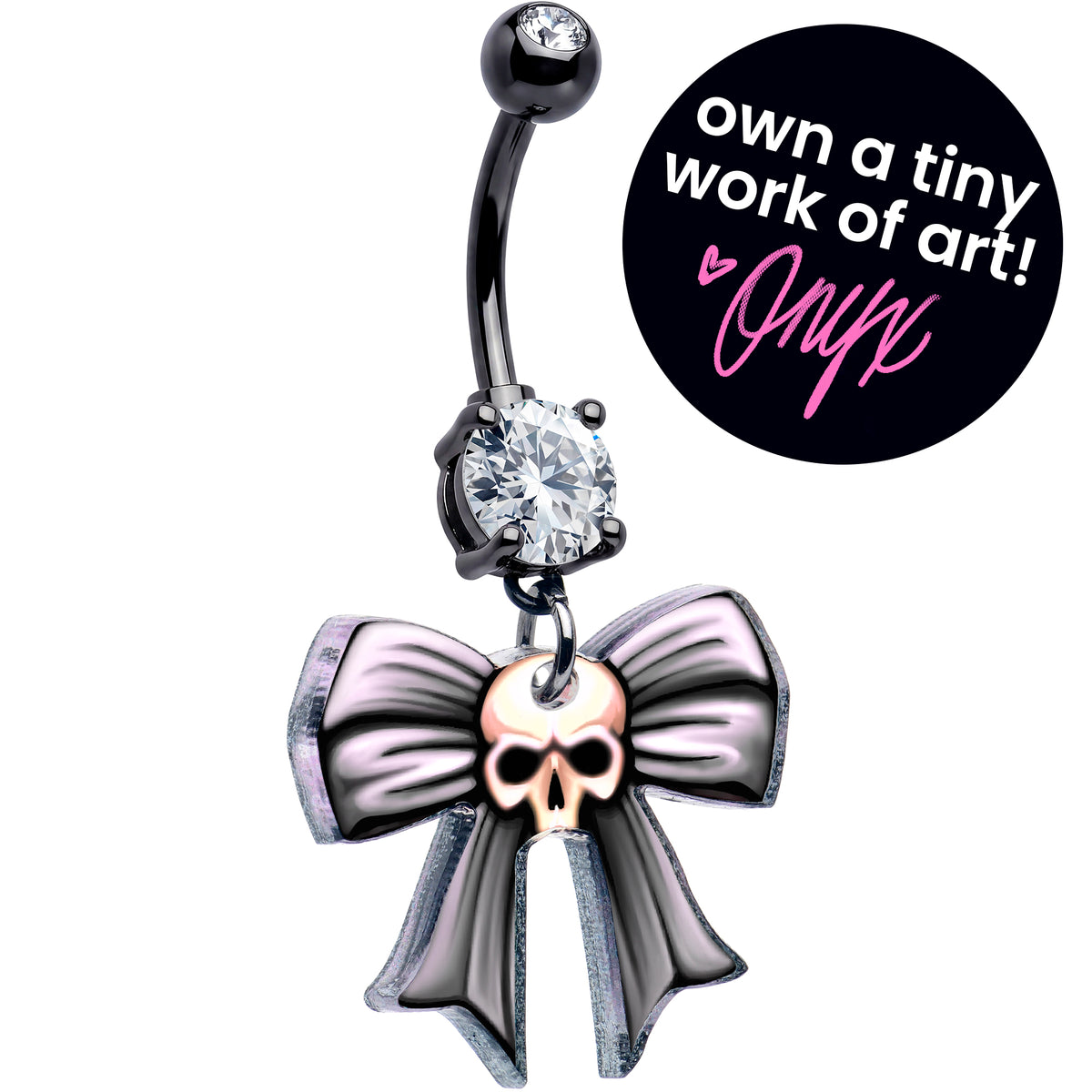 Black Double Gem Wicked Bow Skull Acrylic Dangle Belly Ring by Onyx O