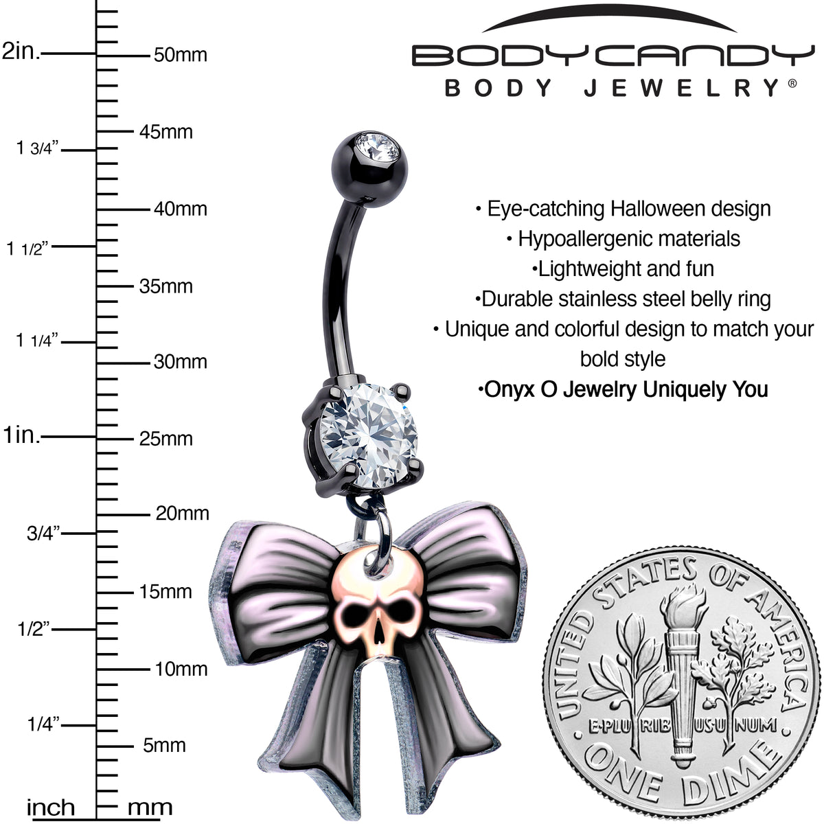 Black Double Gem Wicked Bow Skull Acrylic Dangle Belly Ring by Onyx O