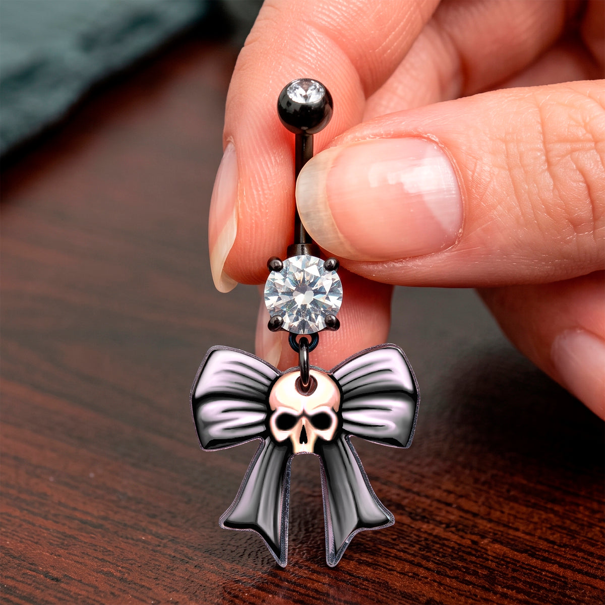 Black Double Gem Wicked Bow Skull Acrylic Dangle Belly Ring by Onyx O