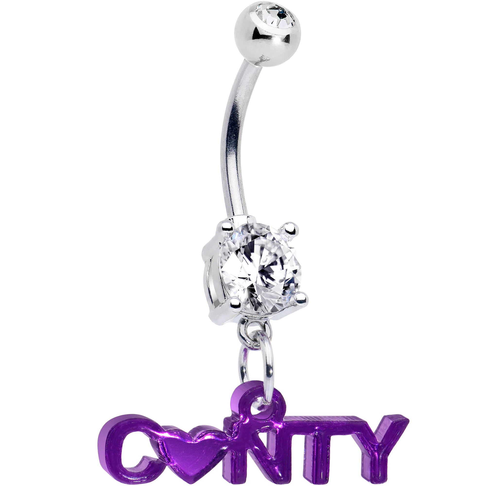 Double Gem Mirror Purple Cunty Heart Dangle Hypoallergenic Stainless Steel Belly Ring